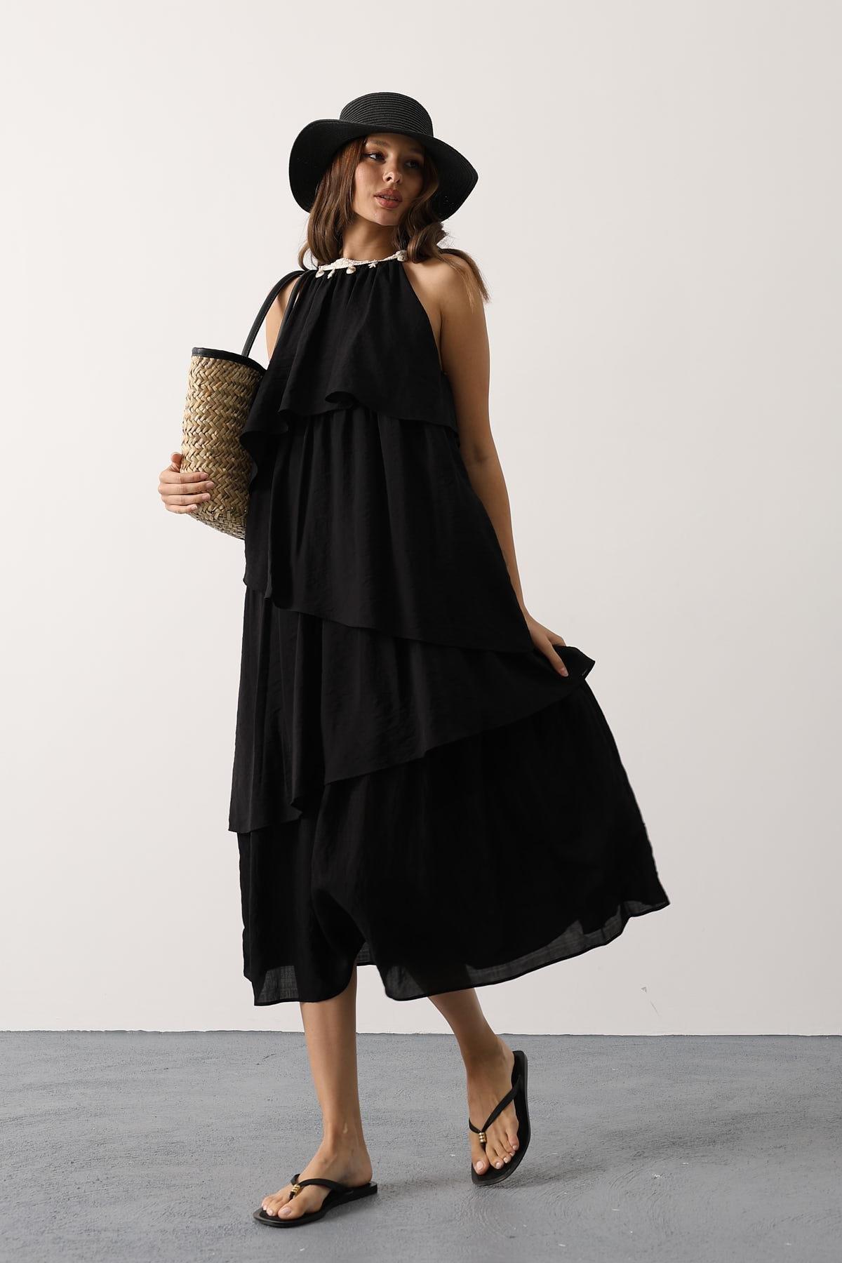 Wholesale Women's Black Sleeveless Layered Dress with Collar Detail 0061-35499