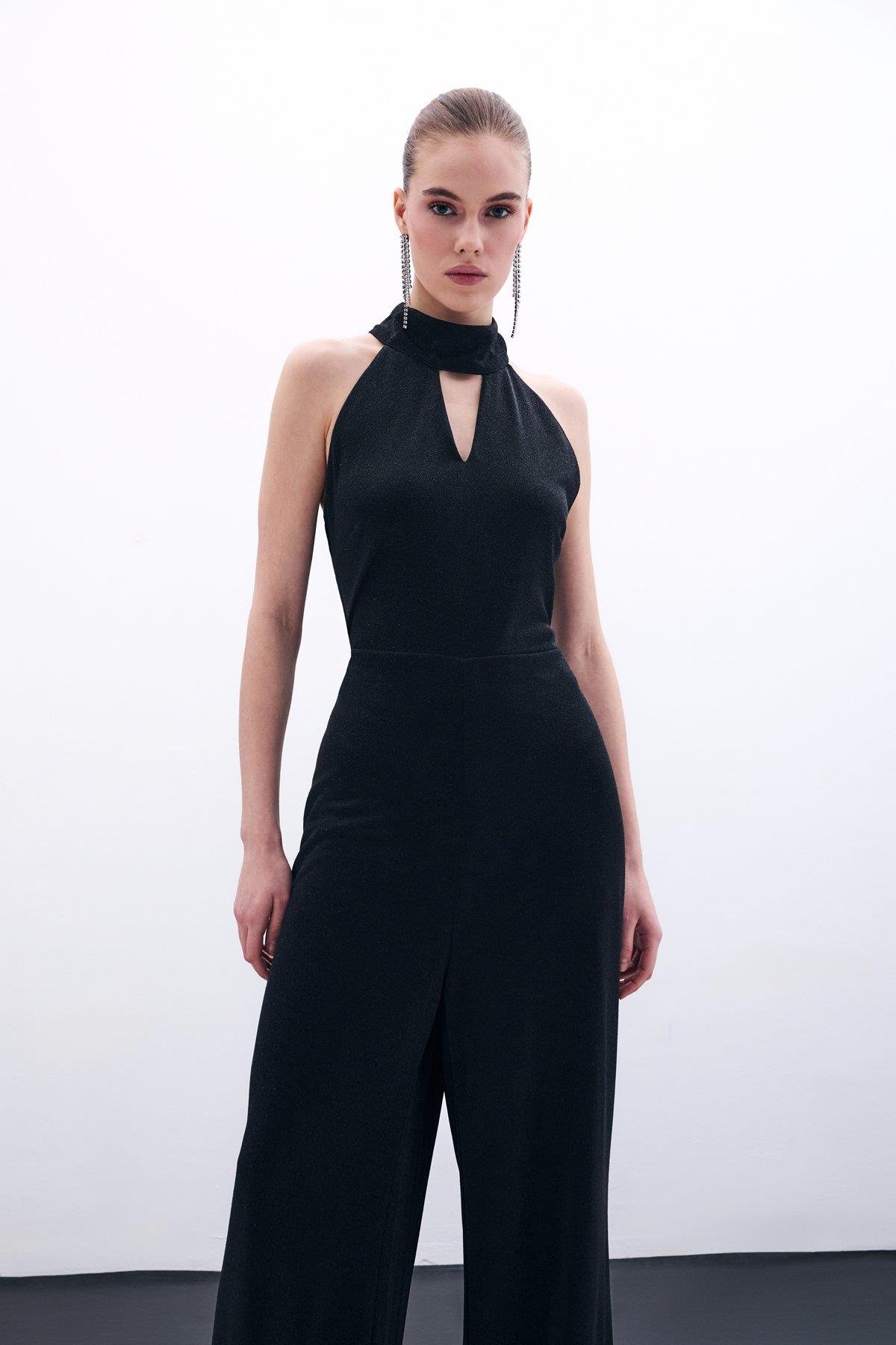 Wholesale Women's Black Sleeveless Mock-Neck Lurex Jumpsuit 0033-1705-7503