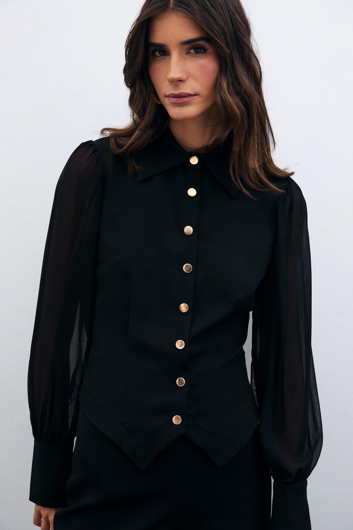 Wholesale Women's Black Snap-Up Shirt with Chiffon Bishop Sleeves 0033-1545-2520