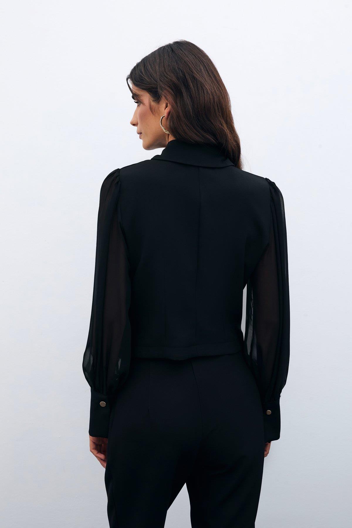 Wholesale Women's Black Snap-Up Shirt with Chiffon Bishop Sleeves 0033-1545-2520