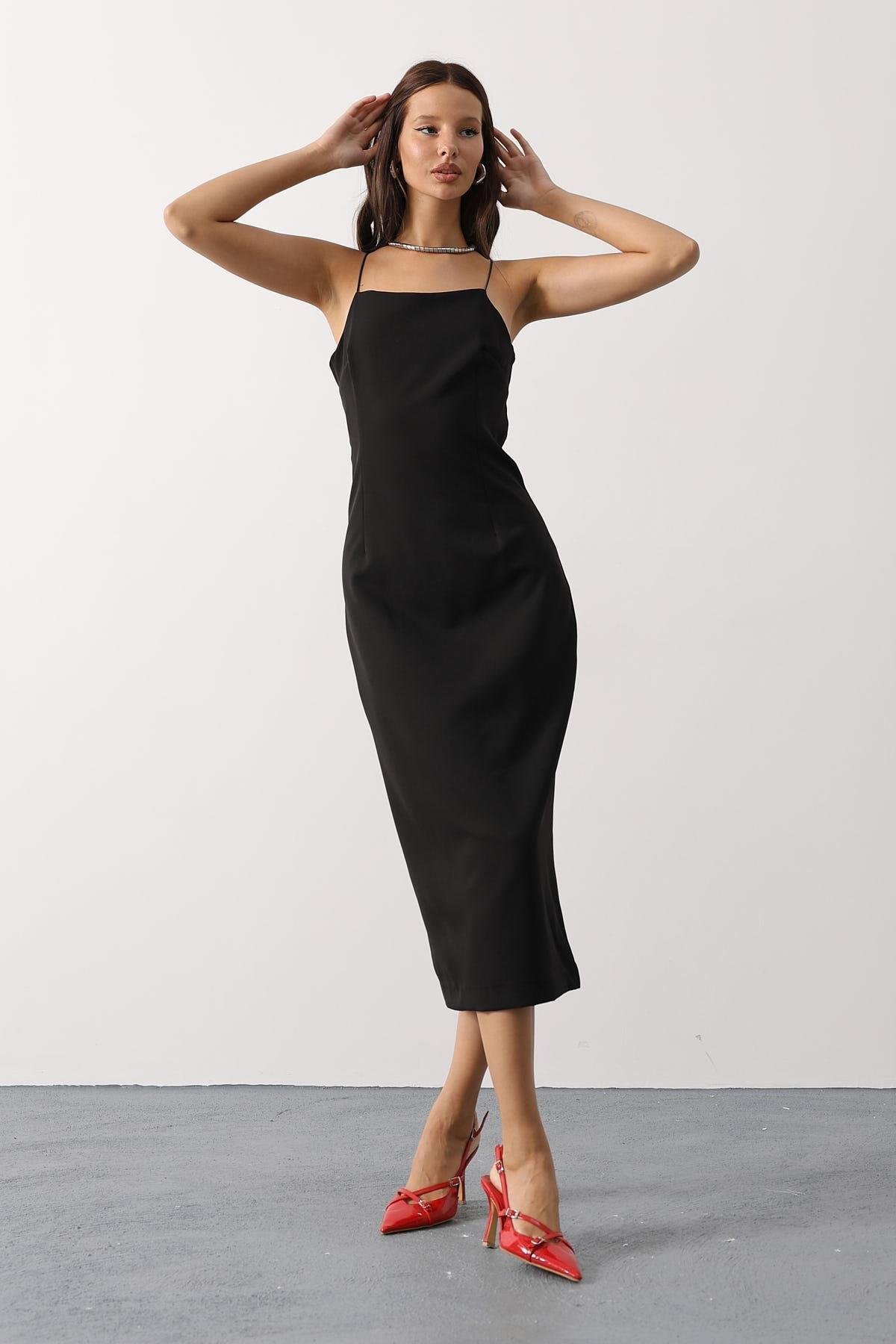 Wholesale Women's Black Strappy Midi Dress 0061-35204