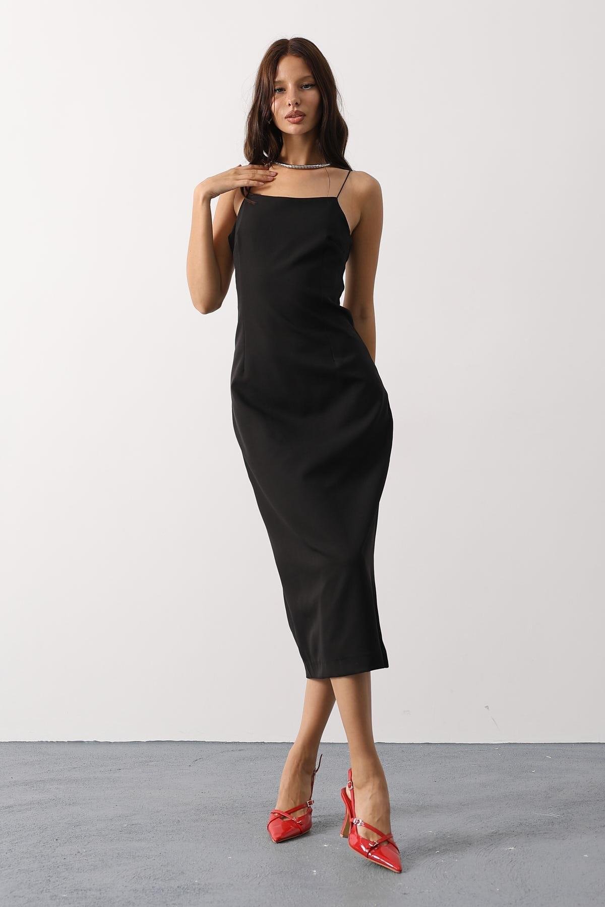 Wholesale Women's Black Strappy Midi Dress 0061-35204