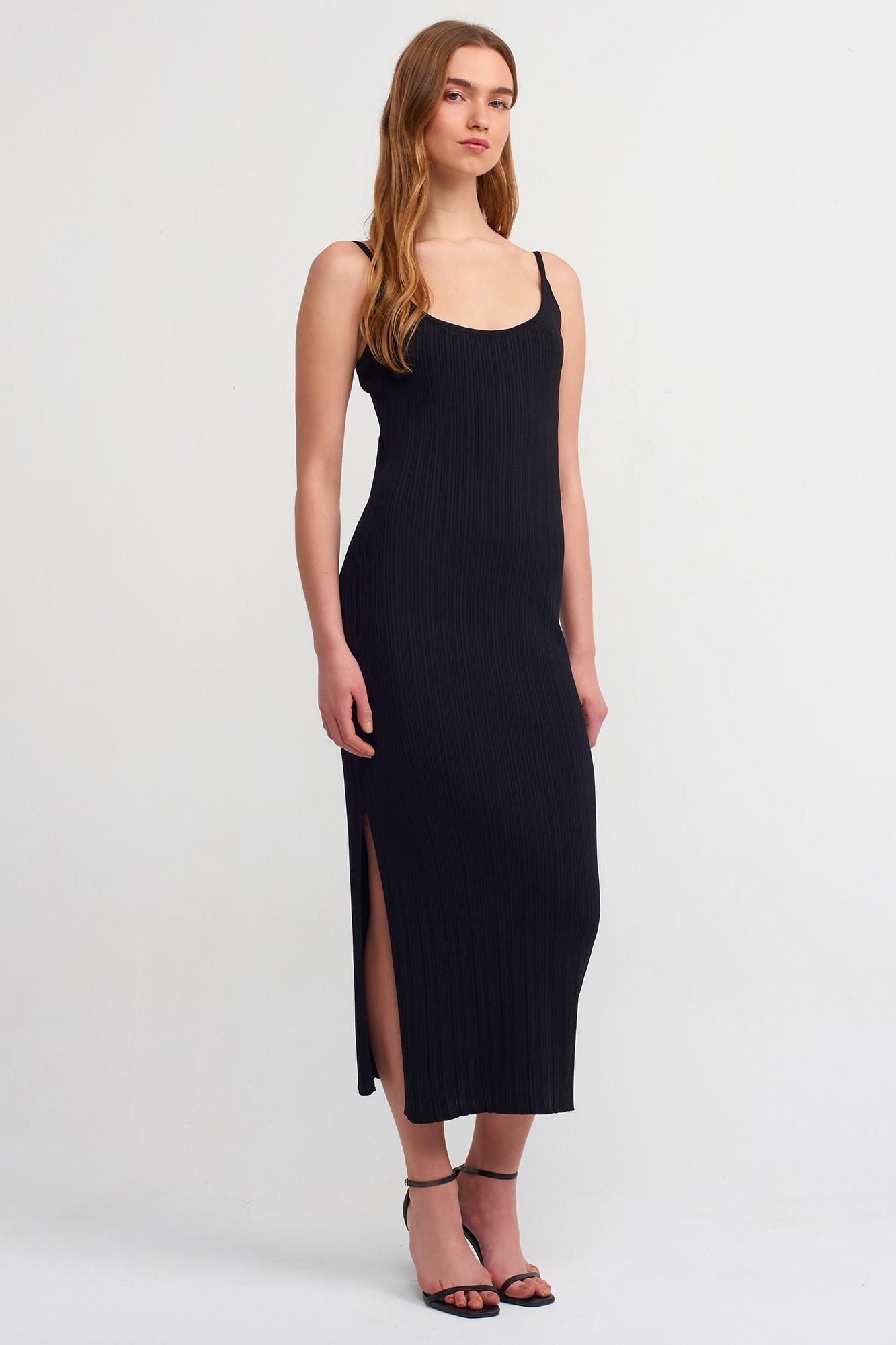 Wholesale Women's Black Thin Strap Knit Dress with Side Slit 0431W26-90139