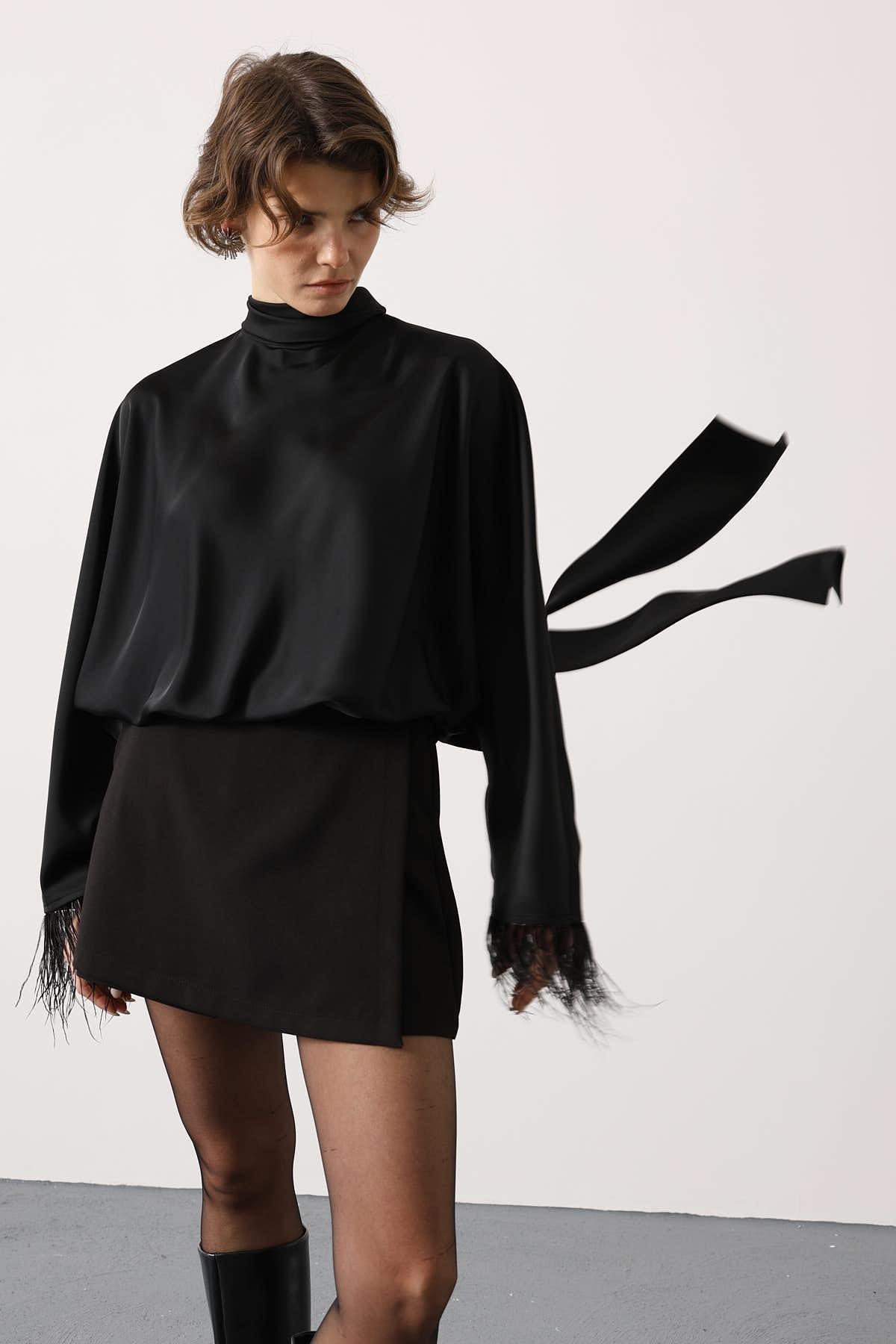 Wholesale Women's Black Tie-Neck Blouse with Feather Fringe 0061-31355