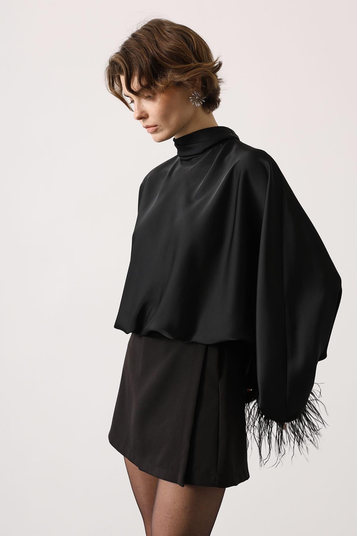 Wholesale Women's Black Tie-Neck Blouse with Feather Fringe 0061-31355