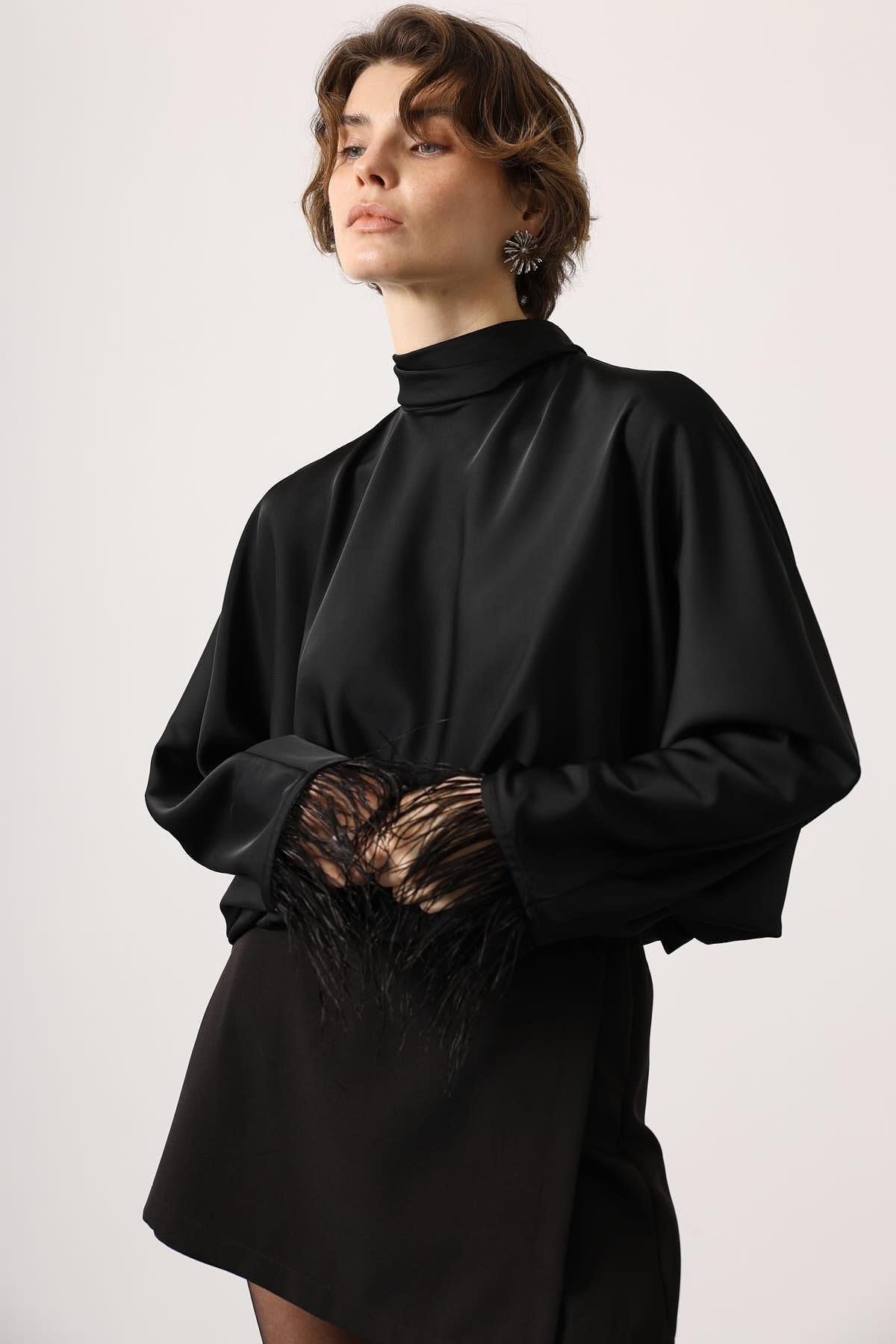 Wholesale Women's Black Tie-Neck Blouse with Feather Fringe 0061-31355
