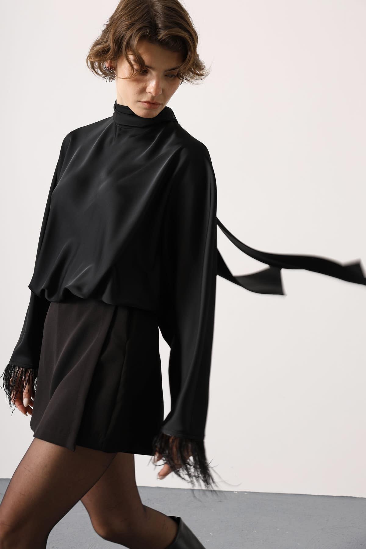 Wholesale Women's Black Tie-Neck Blouse with Feather Fringe 0061-31355