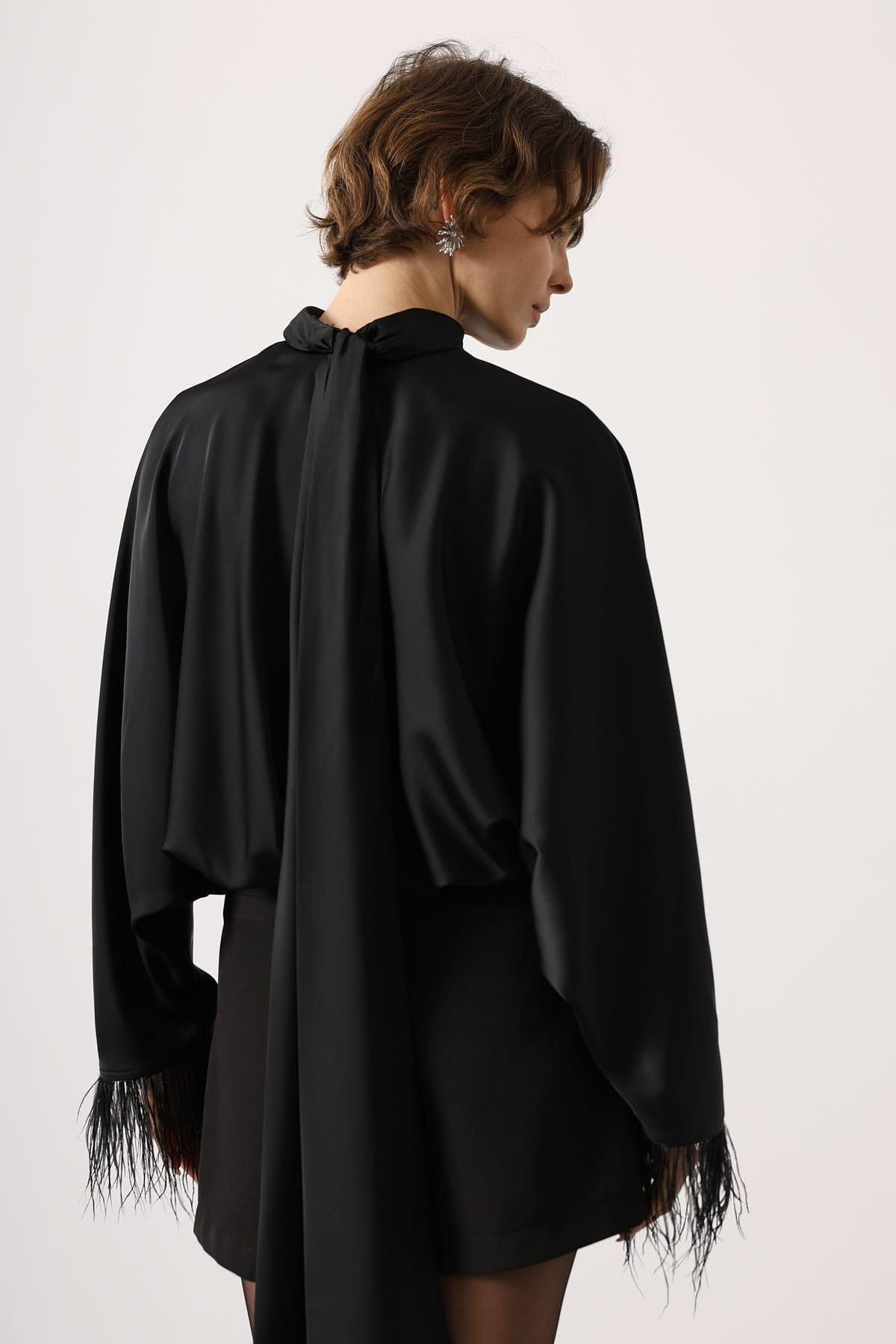 Wholesale Women's Black Tie-Neck Blouse with Feather Fringe 0061-31355