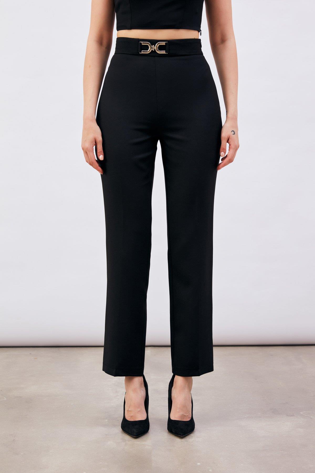 Wholesale Women's Black Trousers with Accessory Detail 0033-1113-5007