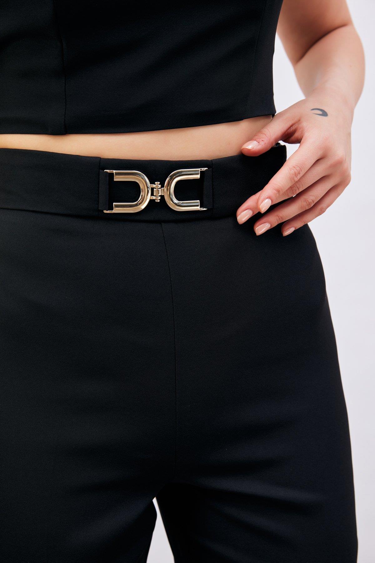 Wholesale Women's Black Trousers with Accessory Detail 0033-1113-5007