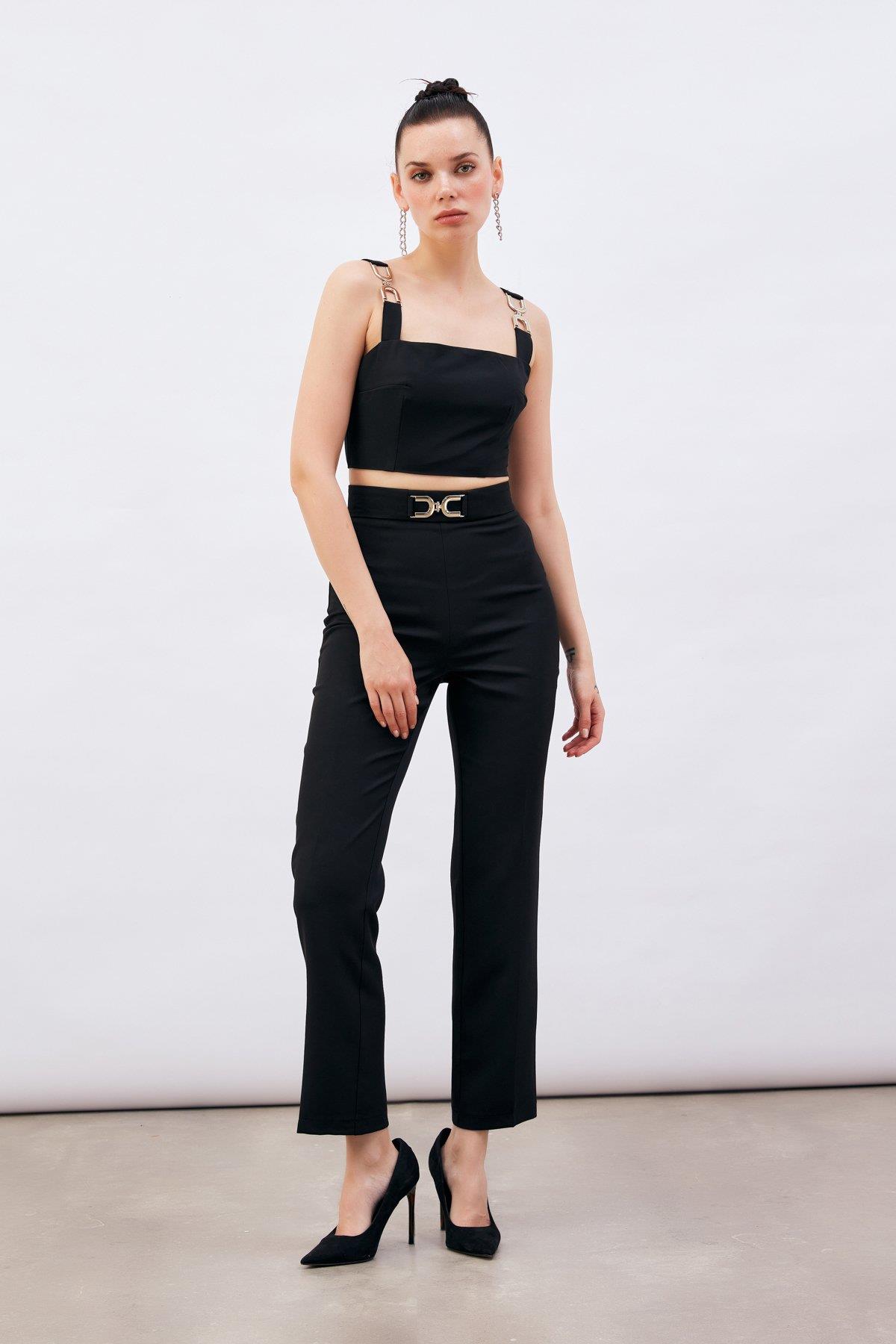 Wholesale Women's Black Trousers with Accessory Detail 0033-1113-5007