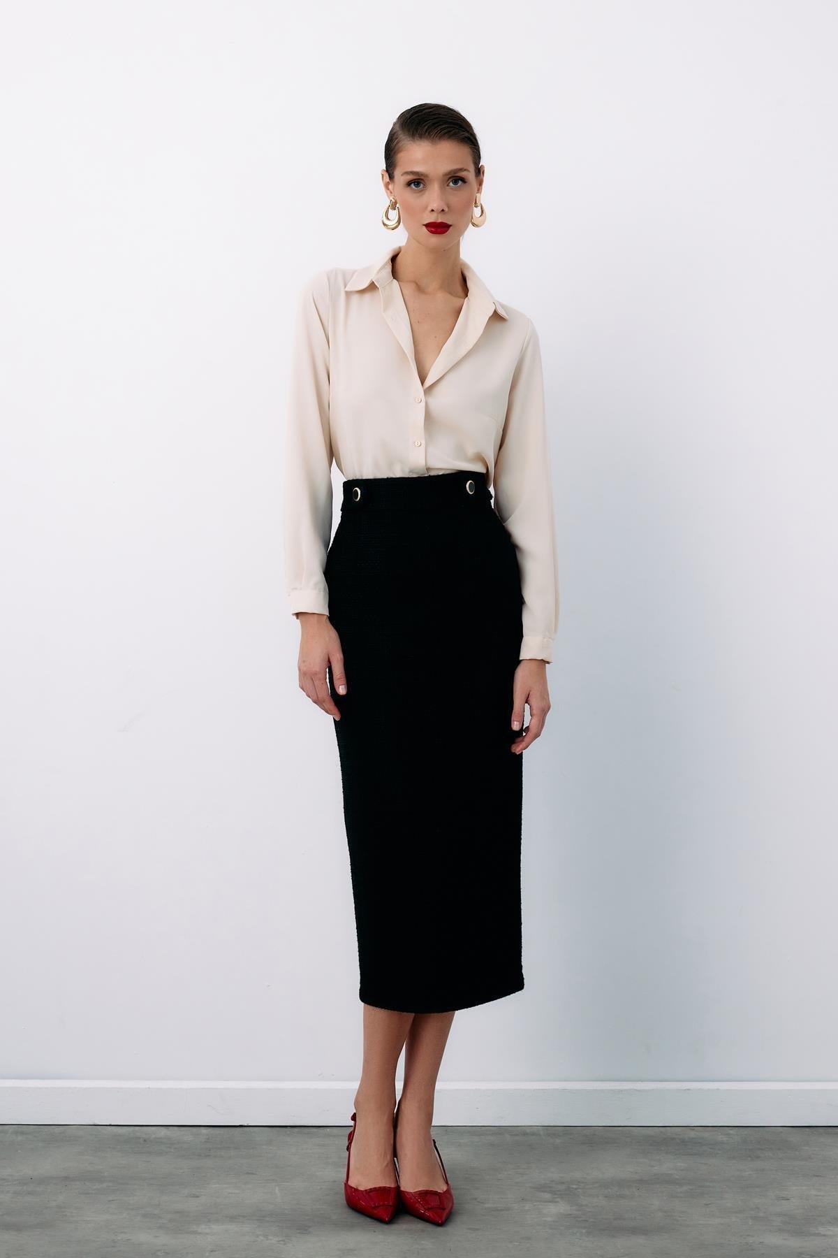 Wholesale Women's Black Tweed Midi Skirt 0033-1548-4511