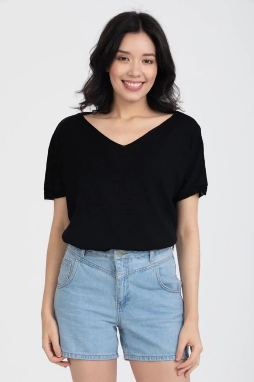Wholesale Women's Black V-Neck Mercerized Knit Sweater with Short Sleeves 0037-3347