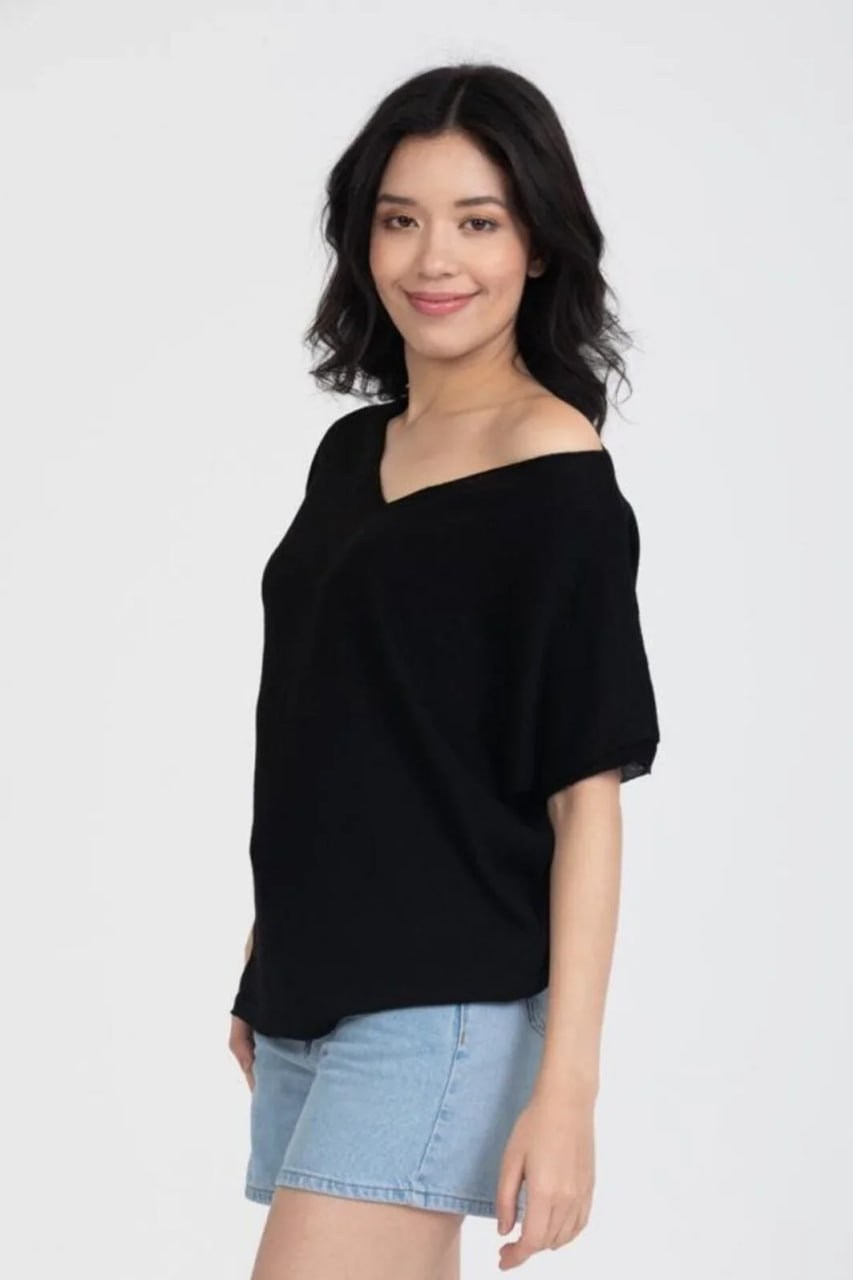 Wholesale Women's Black V-Neck Mercerized Knit Sweater with Short Sleeves 0037-3347