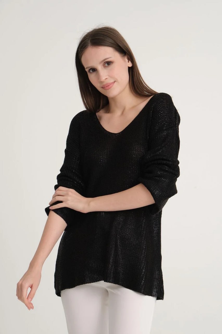 Wholesale Women's Black V-Neck Shimmering Foil Knit Sweater  0037-3524