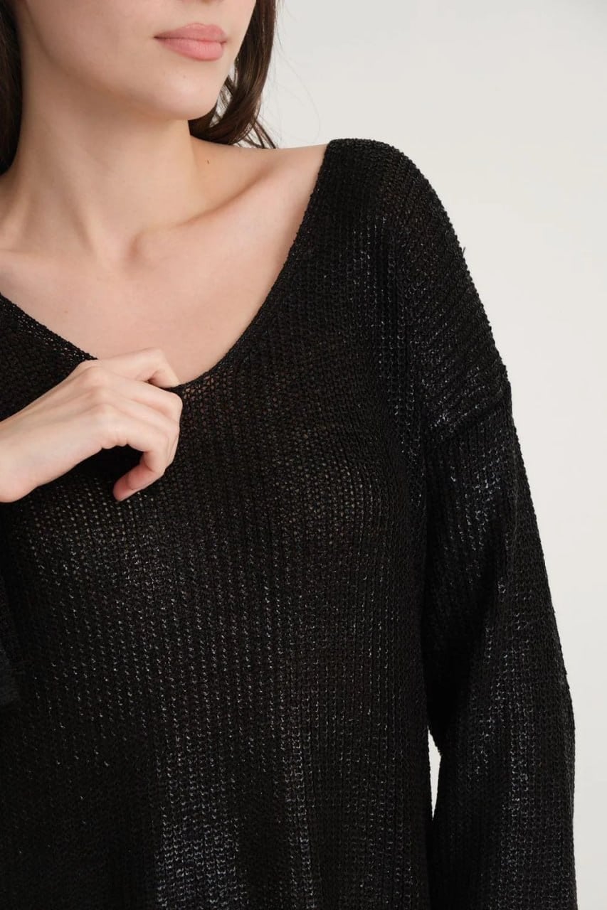 Wholesale Women's Black V-Neck Shimmering Foil Knit Sweater  0037-3524