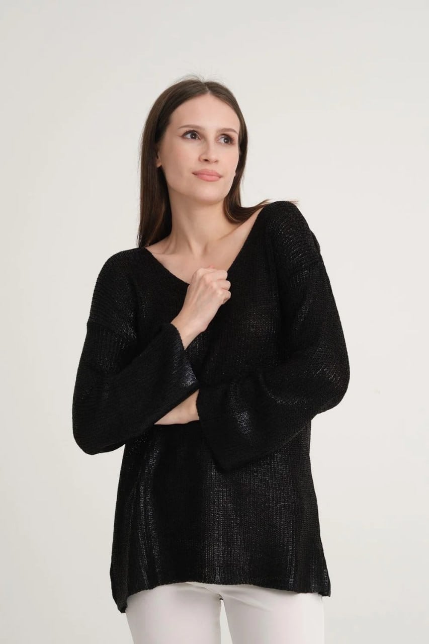Wholesale Women's Black V-Neck Shimmering Foil Knit Sweater  0037-3524