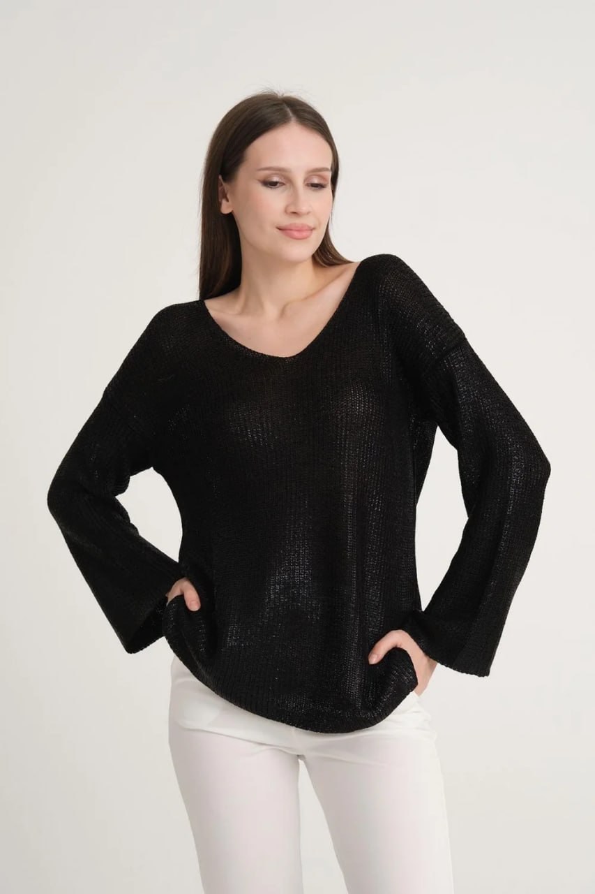 Wholesale Women's Black V-Neck Shimmering Foil Knit Sweater  0037-3524