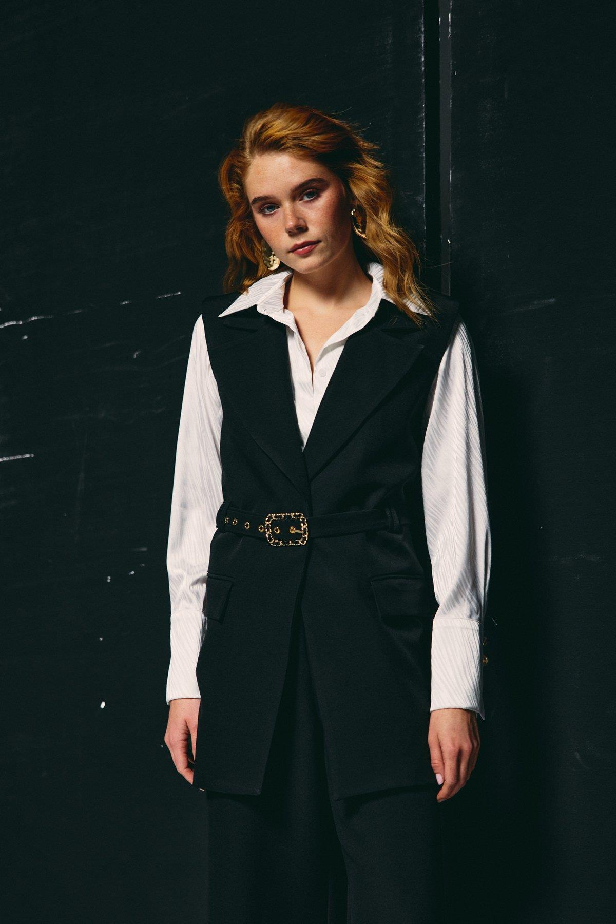 Wholesale Women's Black Waistcoat with Belt 0033-1911-6593