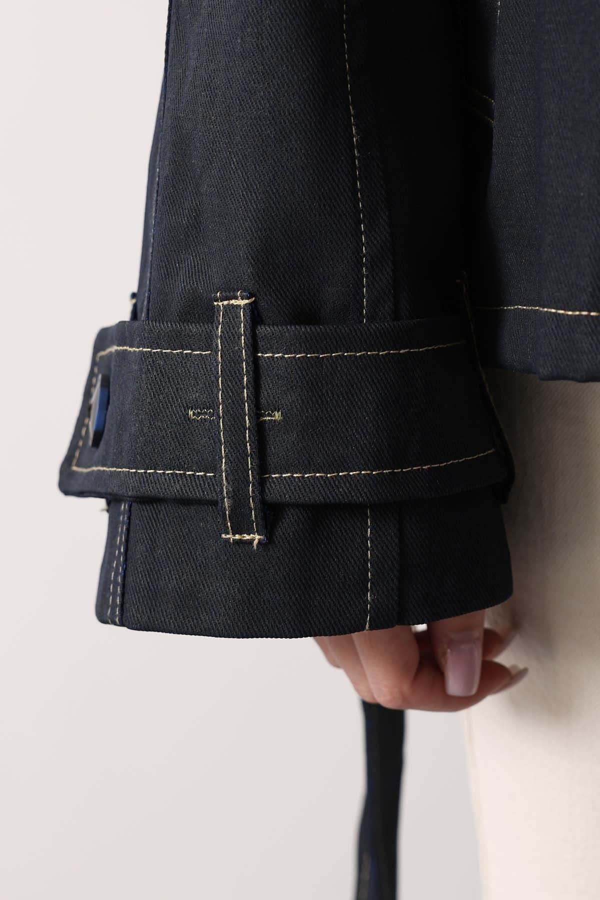 Wholesale Women's Black Washed Effect Denim Jacket with Belt 0061-38191