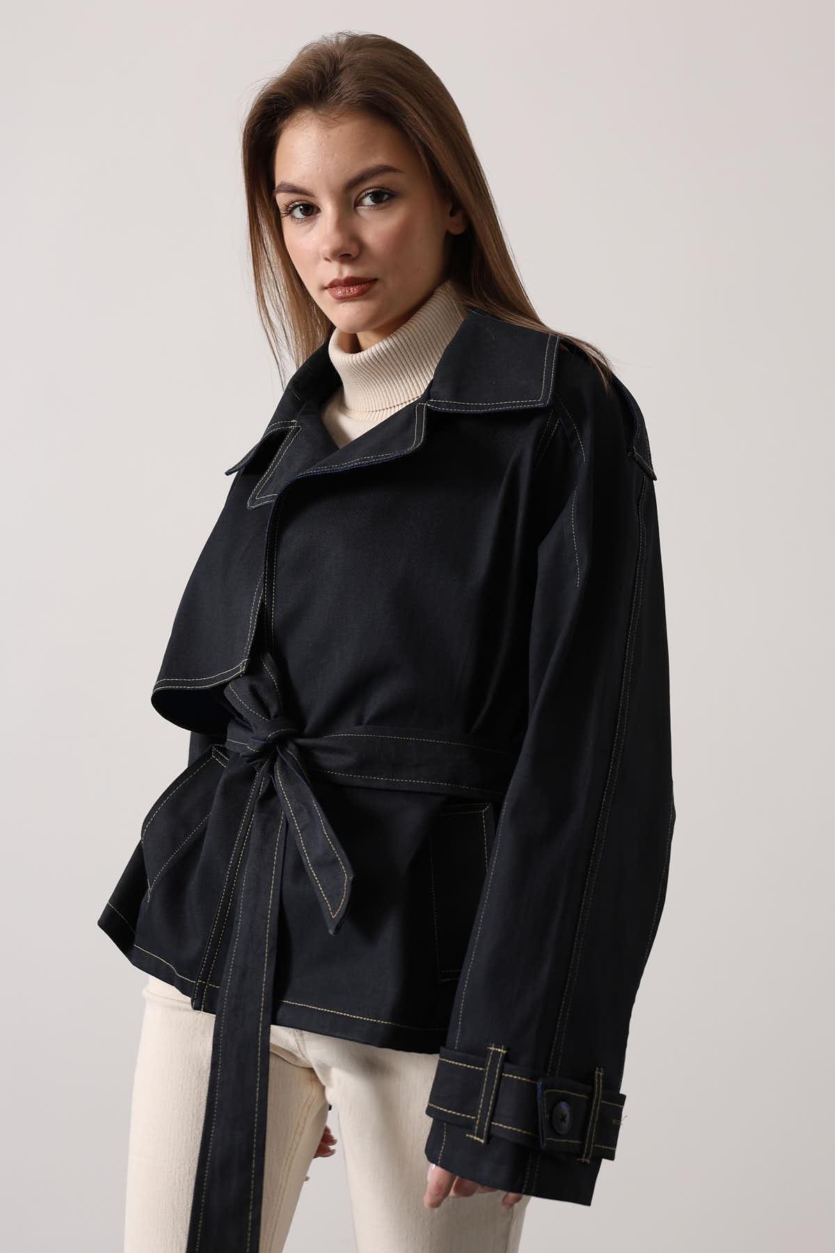 Wholesale Women's Black Washed Effect Denim Jacket with Belt 0061-38191