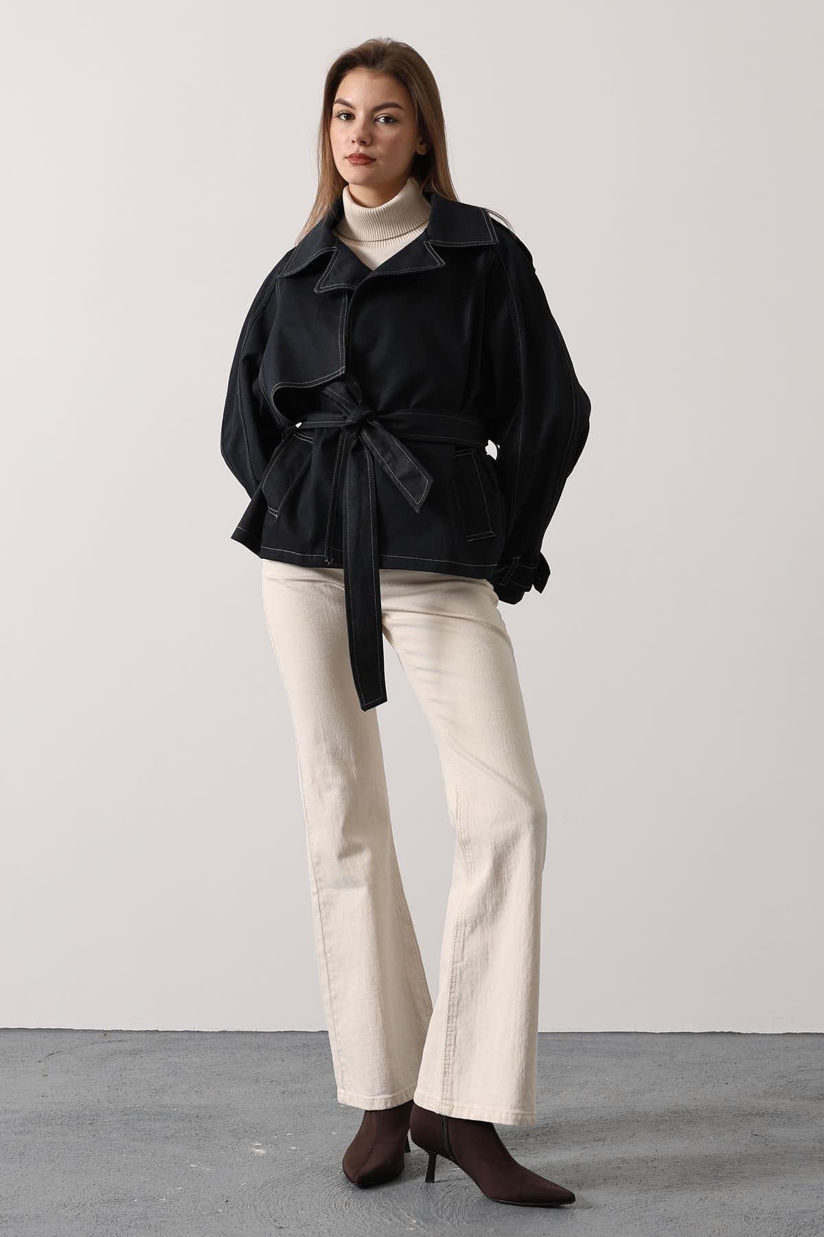 Wholesale Women's Black Washed Effect Denim Jacket with Belt 0061-38191