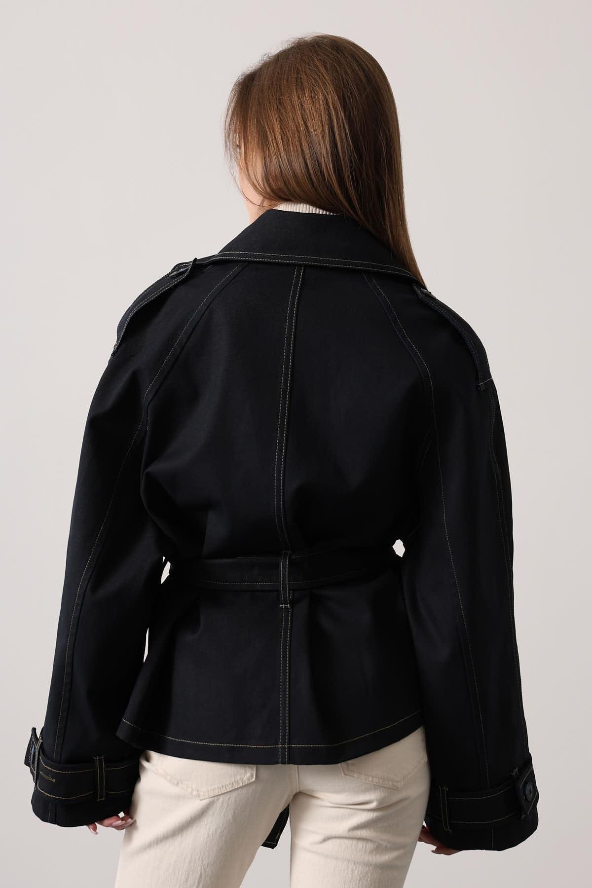 Wholesale Women's Black Washed Effect Denim Jacket with Belt 0061-38191