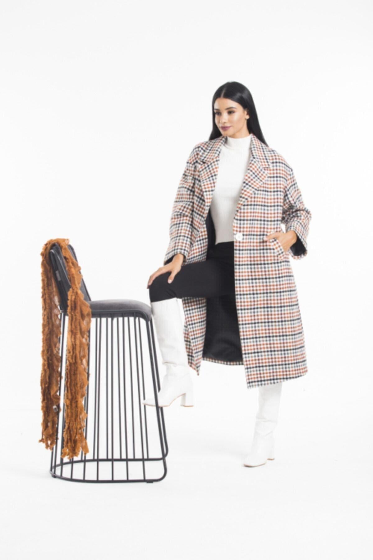 Wholesale Women's Black White Tan Buttoned Oversized Plaid Coat