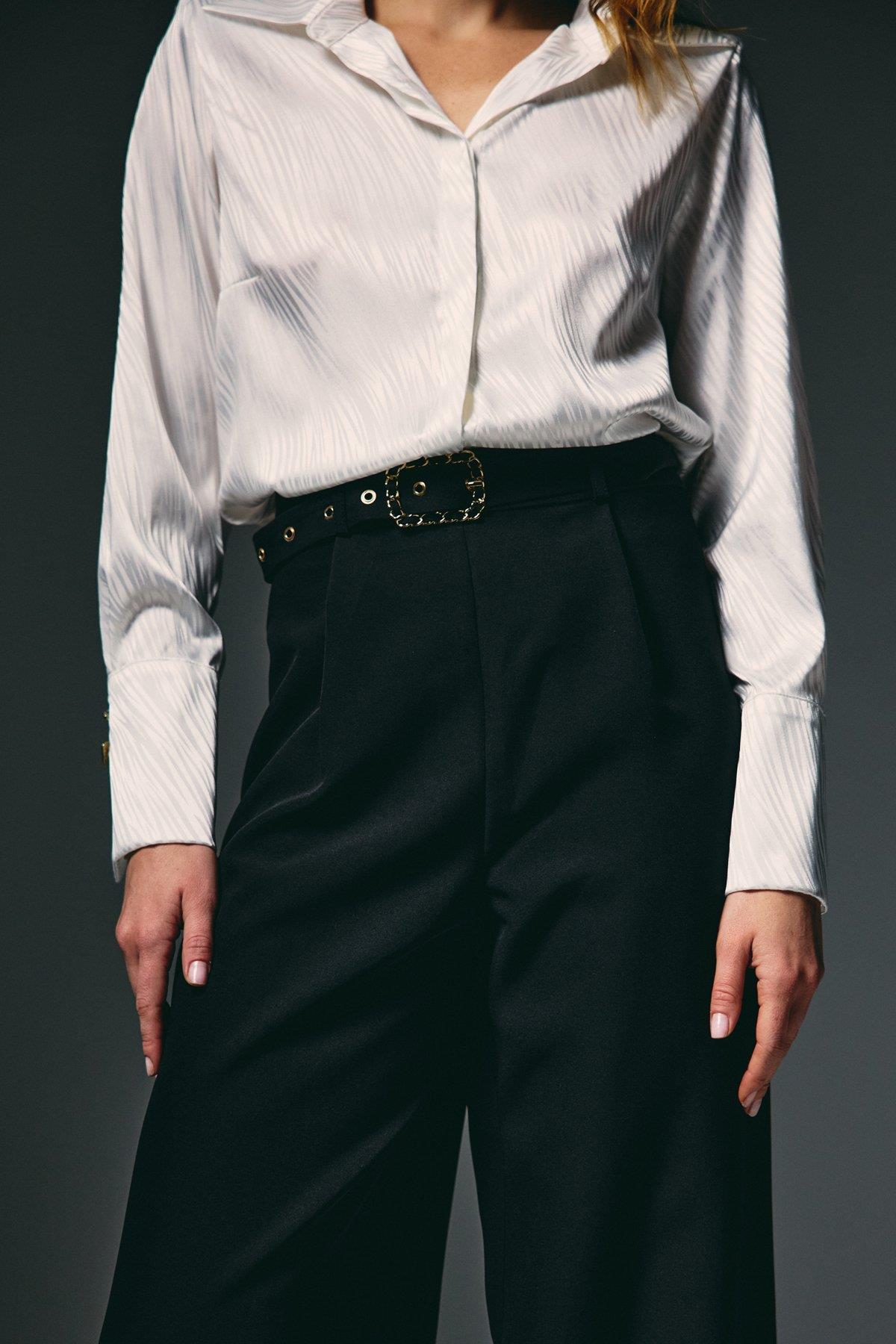 Wholesale Women's Black Wide-Leg Trousers with Belt 0033-1920-5538