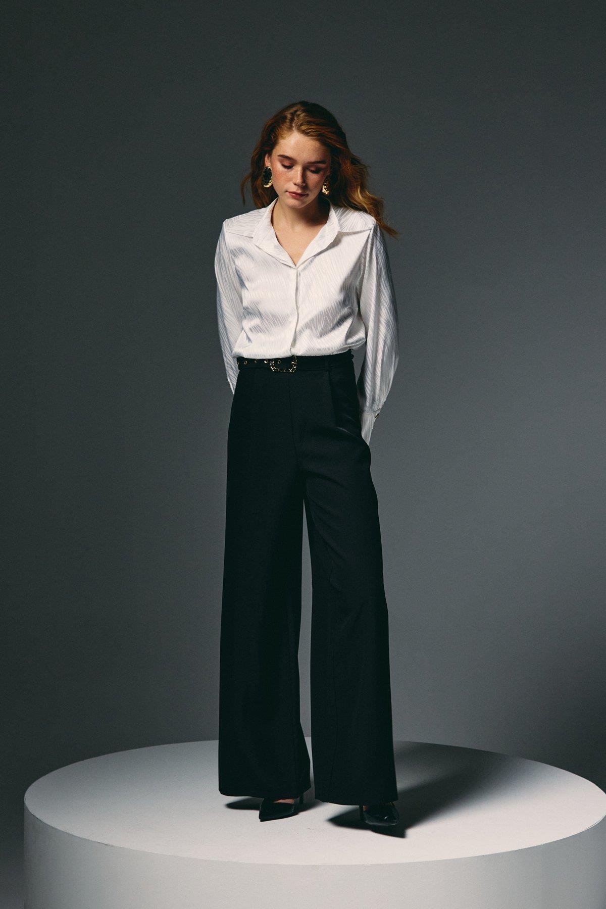 Wholesale Women's Black Wide-Leg Trousers with Belt 0033-1920-5538