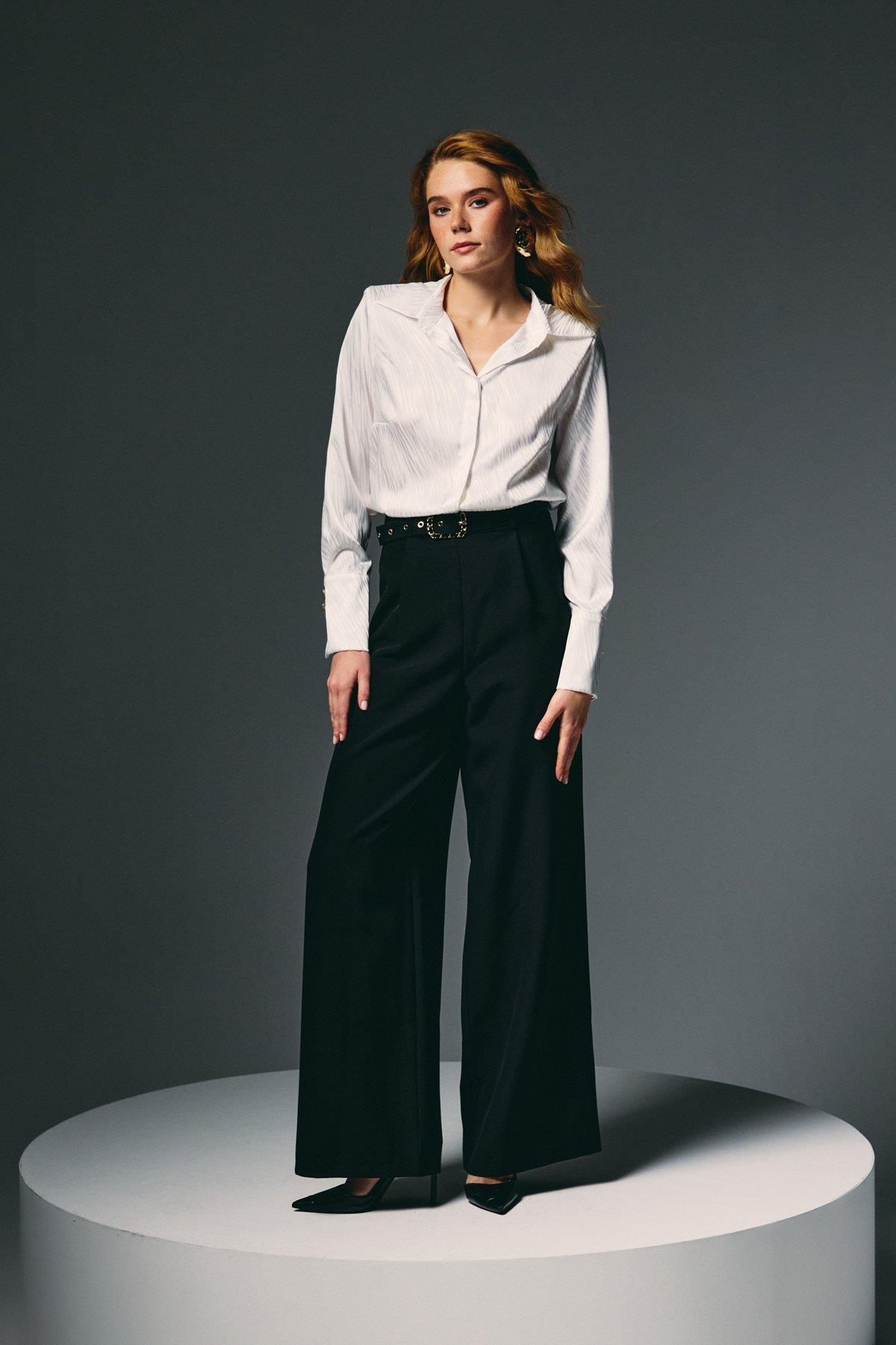 Wholesale Women's Black Wide-Leg Trousers with Belt 0033-1920-5538