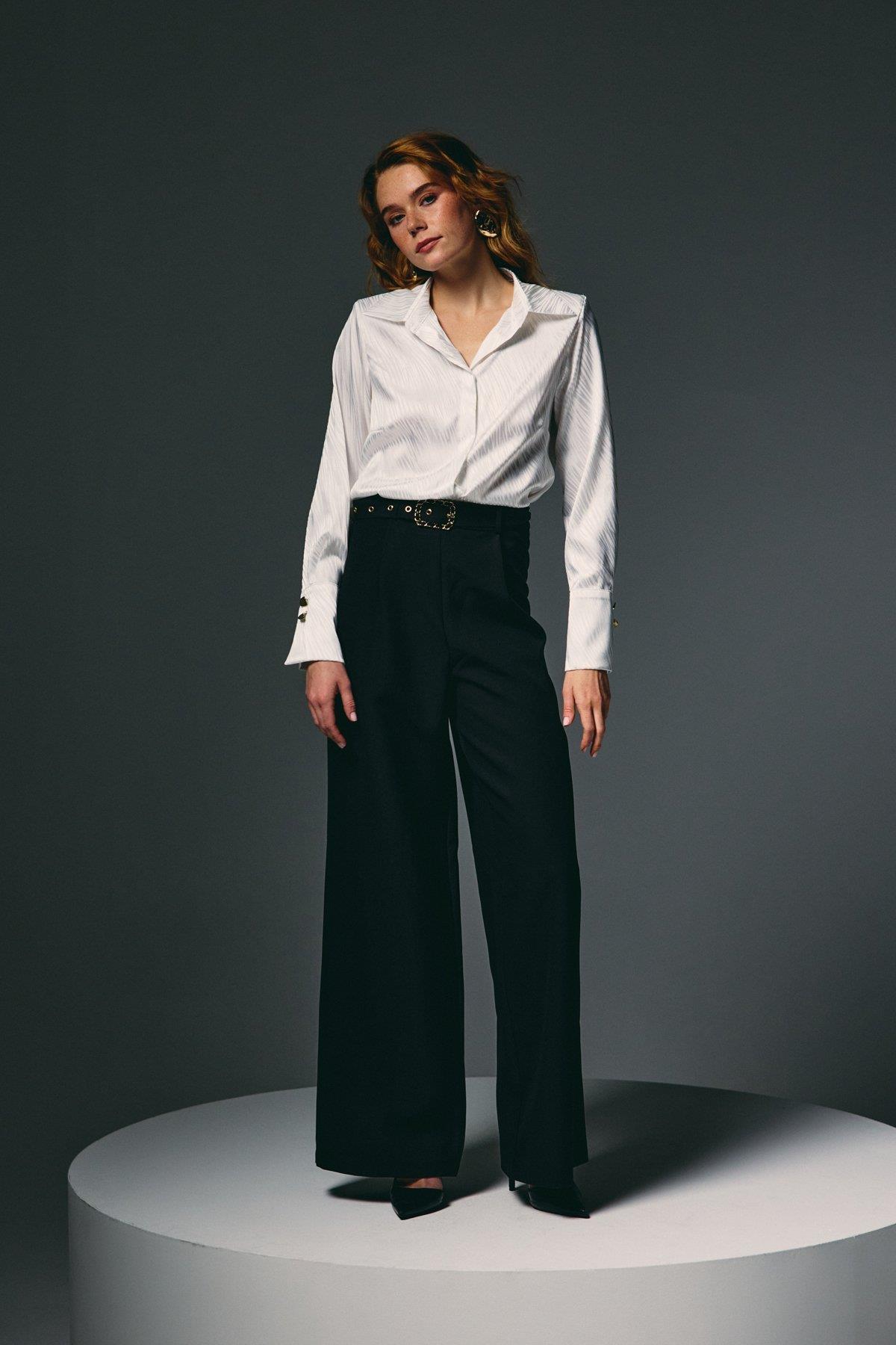 Wholesale Women's Black Wide-Leg Trousers with Belt 0033-1920-5538