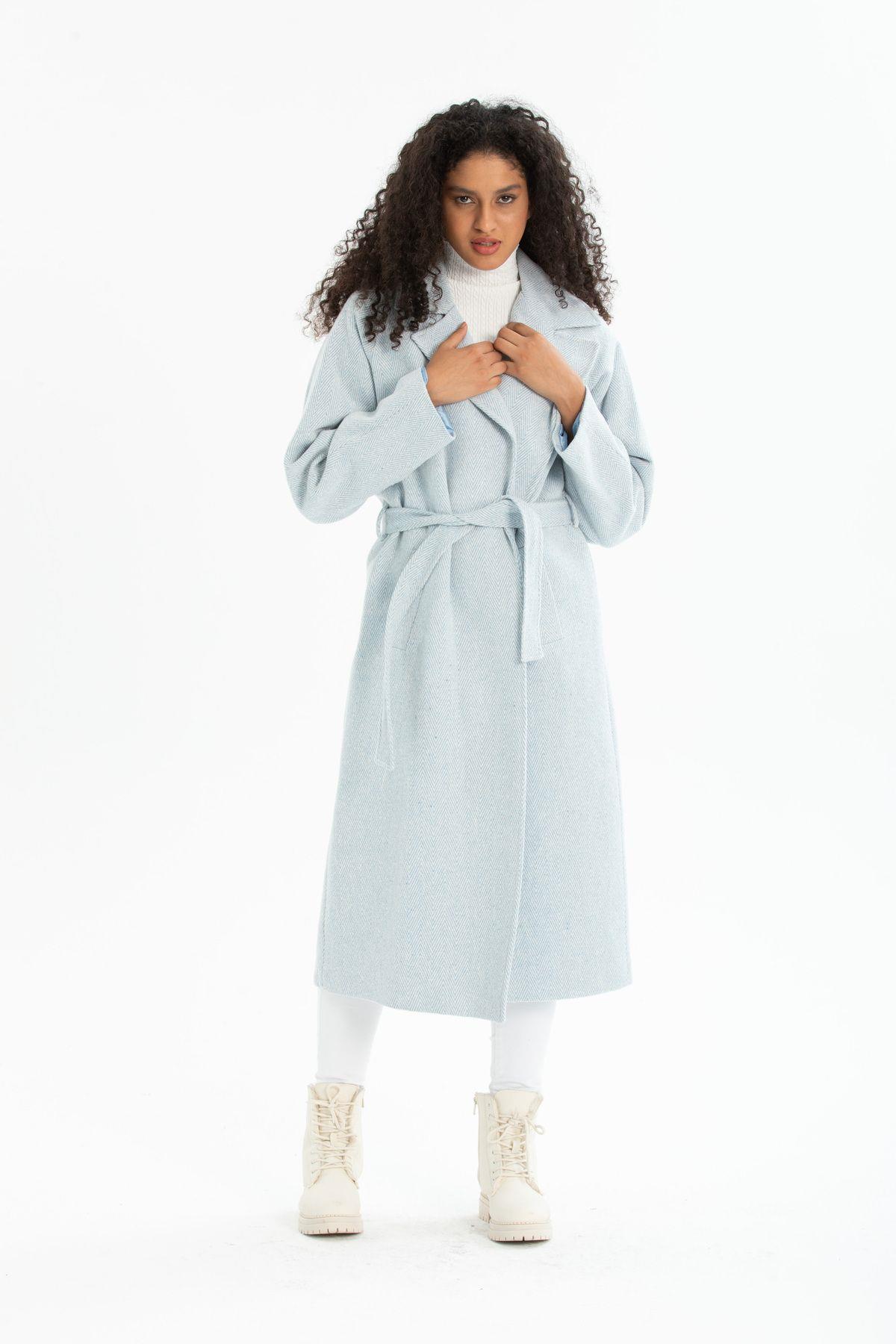 Wholesale Women's Blue Herringbone Lined Belted Long Coat