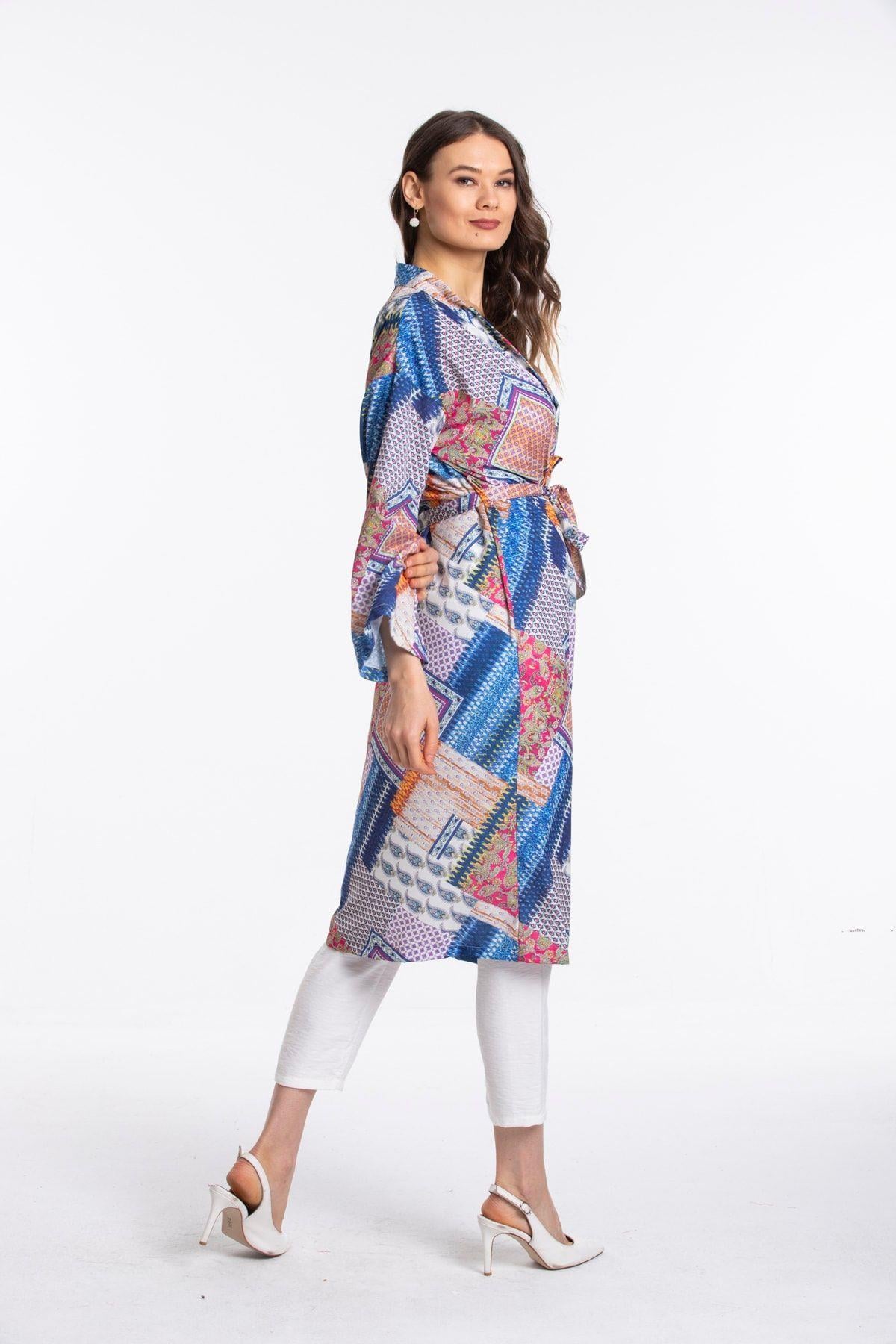Wholesale Women's Blue Patterned Belted Summer Kimono