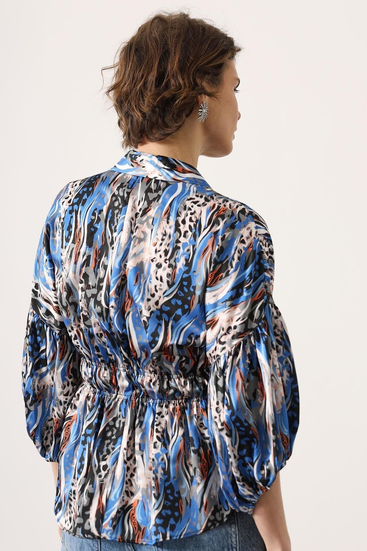 Wholesale Women's Blue Satin Shirt with Gathered Elastic Waist and Half Placket 0061-4887