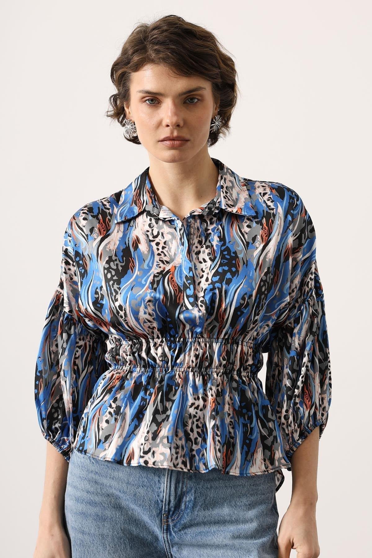 Wholesale Women's Blue Satin Shirt with Gathered Elastic Waist and Half Placket 0061-4887