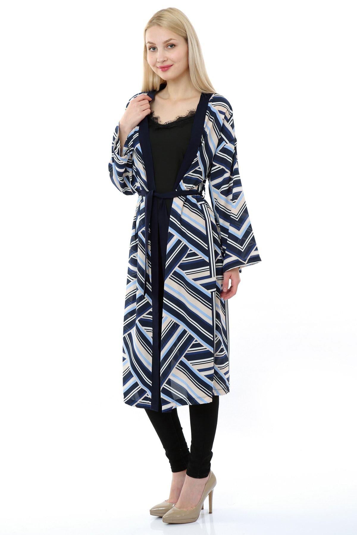 Wholesale Women's Blue Striped Patterned Summer Kimono