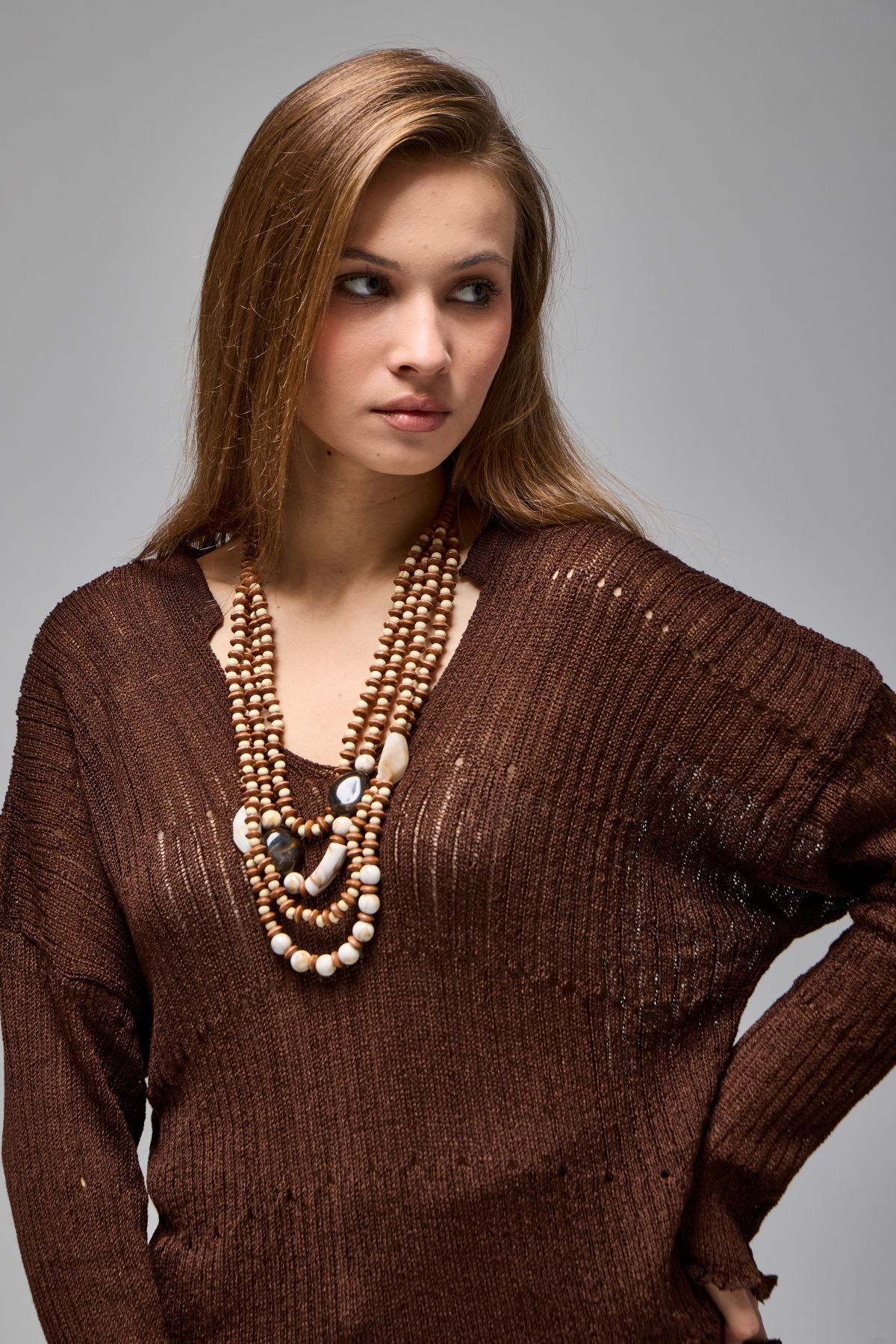 Wholesale Women's Brown Asymmetric Openwork Knit Sweater 0037-3723