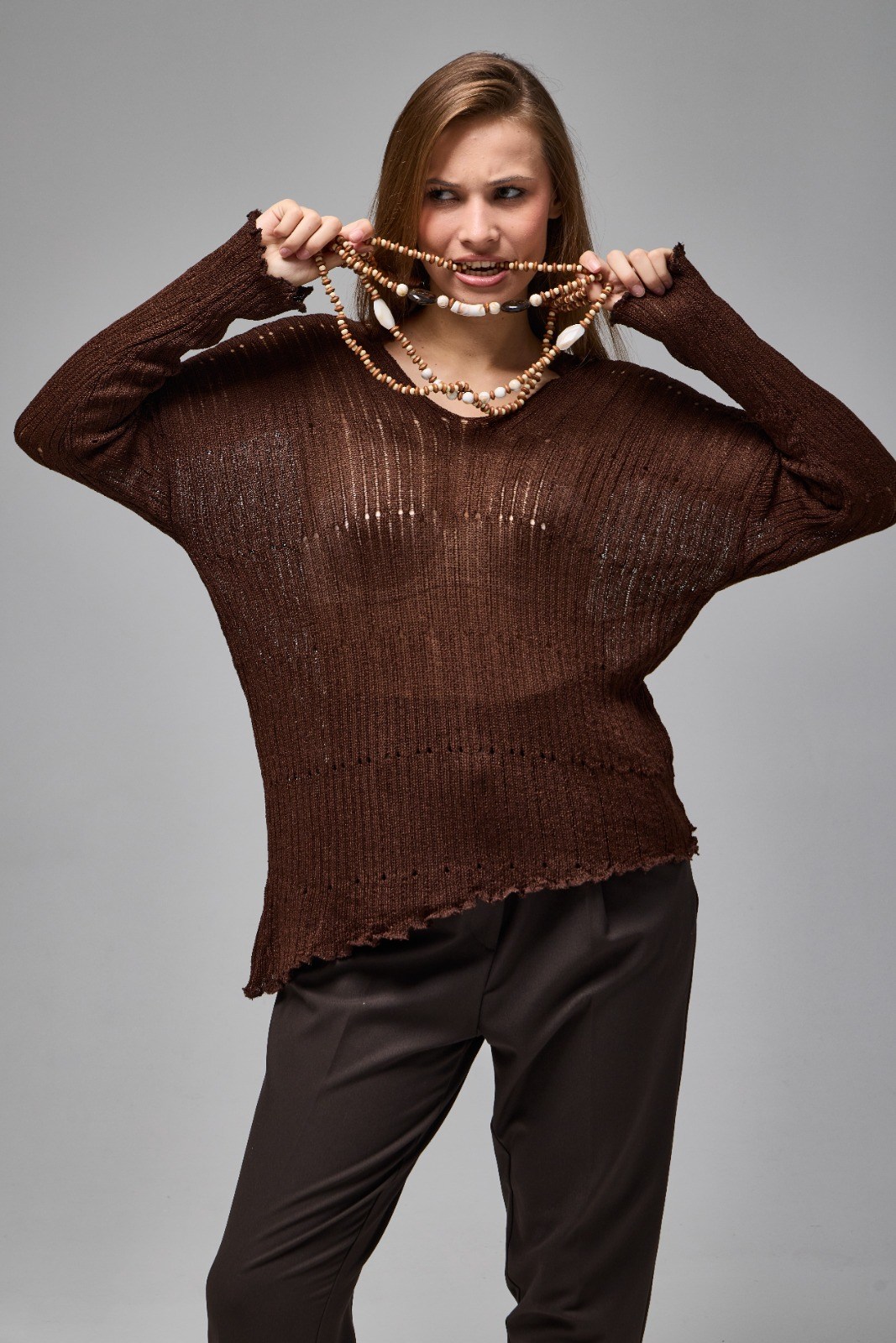 Wholesale Women's Brown Asymmetric Openwork Knit Sweater 0037-3723