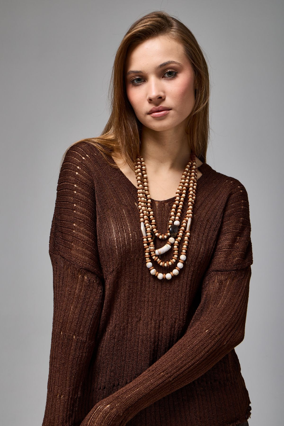 Wholesale Women's Brown Asymmetric Openwork Knit Sweater 0037-3723