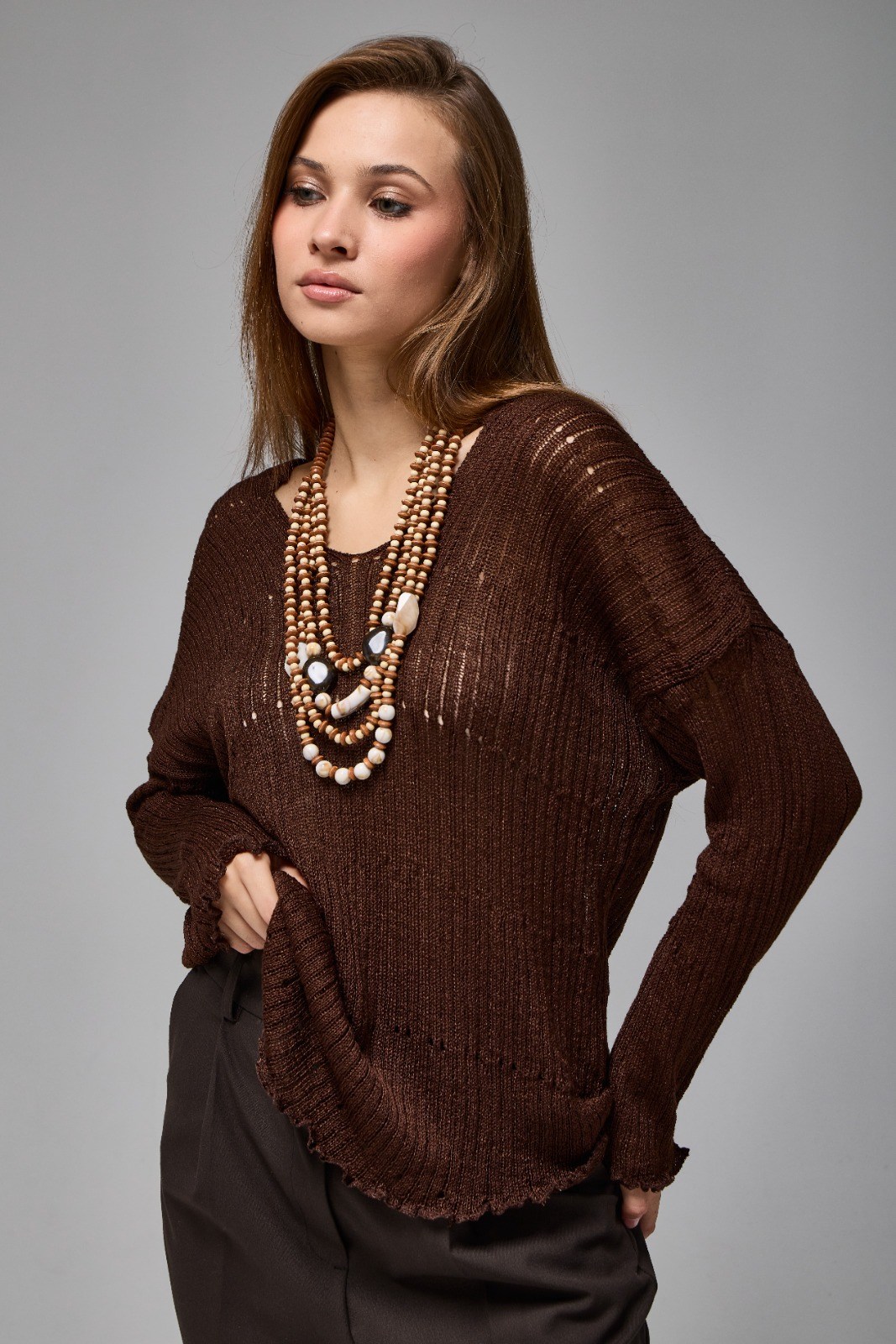 Wholesale Women's Brown Asymmetric Openwork Knit Sweater 0037-3723