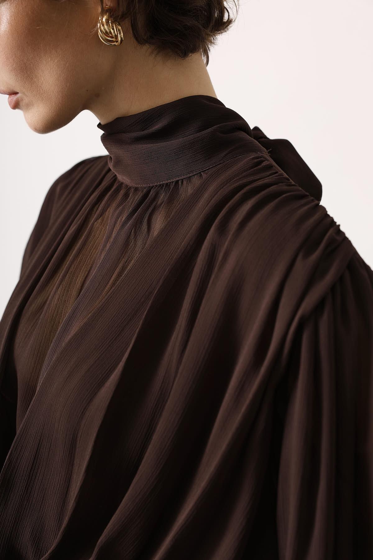 Wholesale Women's Brown Chiffon Blouse with Tie-Neck 0061-31348