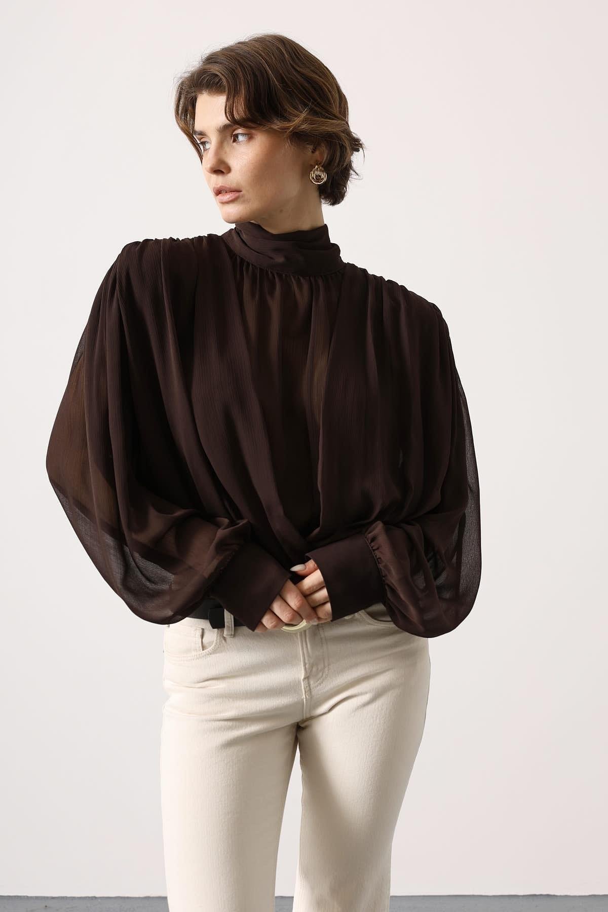 Wholesale Women's Brown Chiffon Blouse with Tie-Neck 0061-31348