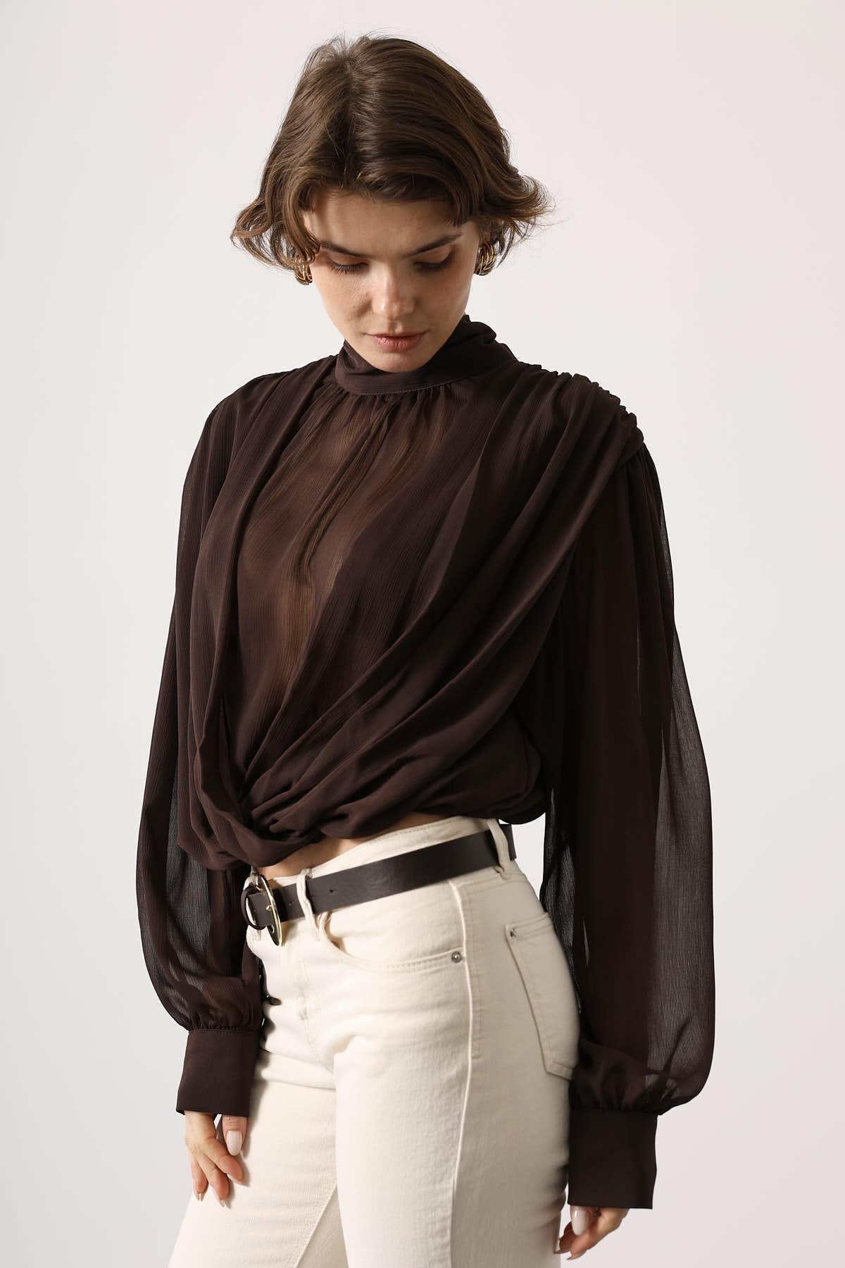 Wholesale Women's Brown Chiffon Blouse with Tie-Neck 0061-31348