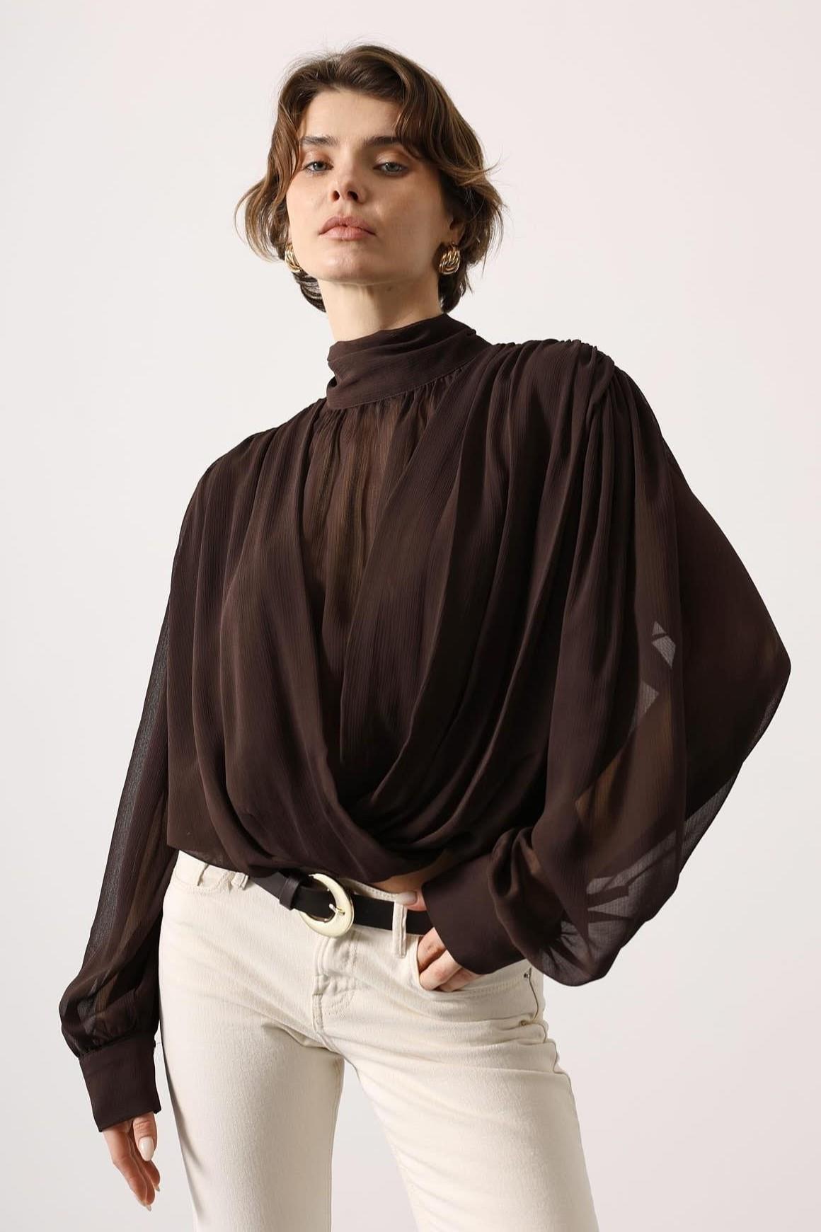 Wholesale Women's Brown Chiffon Blouse with Tie-Neck 0061-31348
