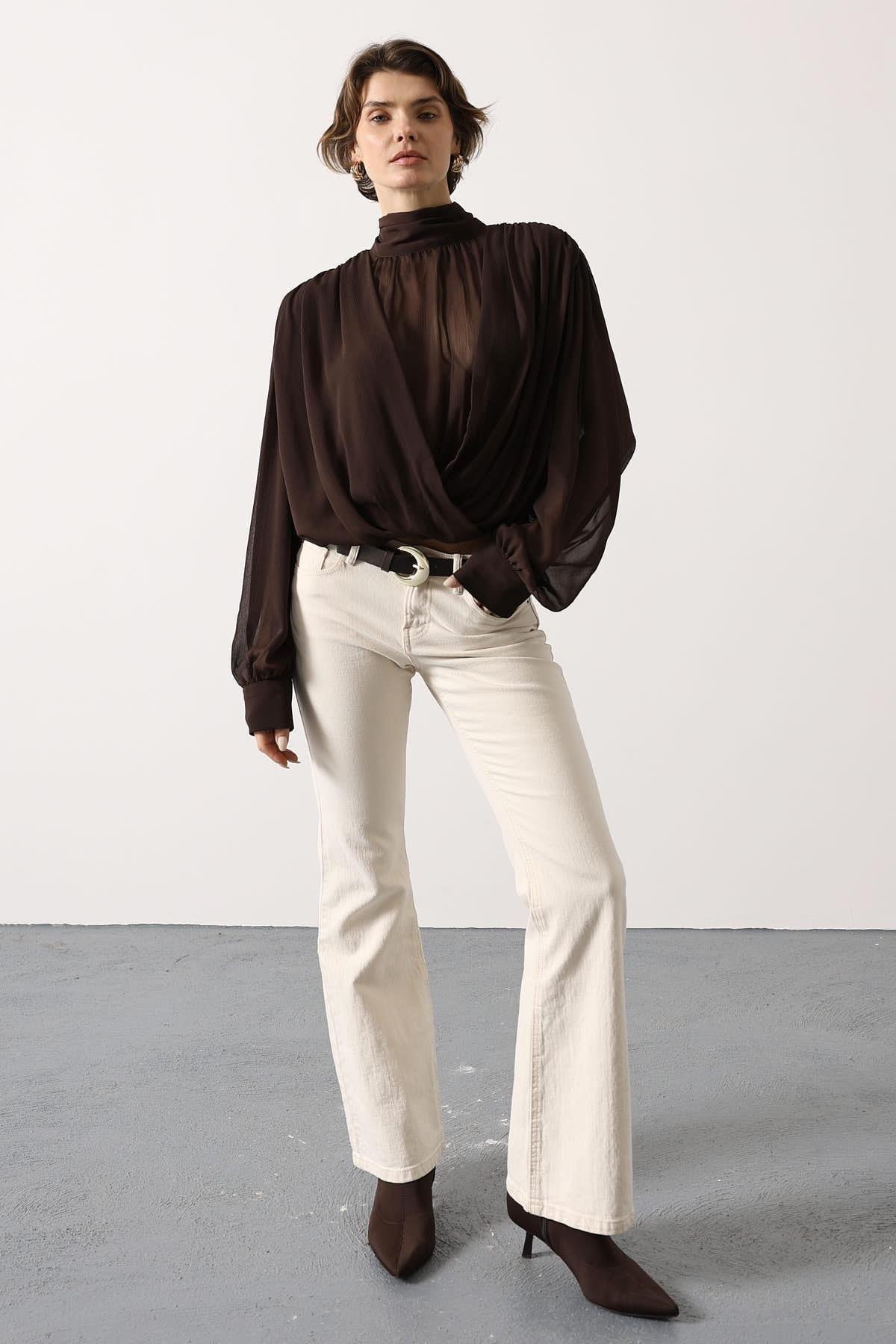 Wholesale Women's Brown Chiffon Blouse with Tie-Neck 0061-31348