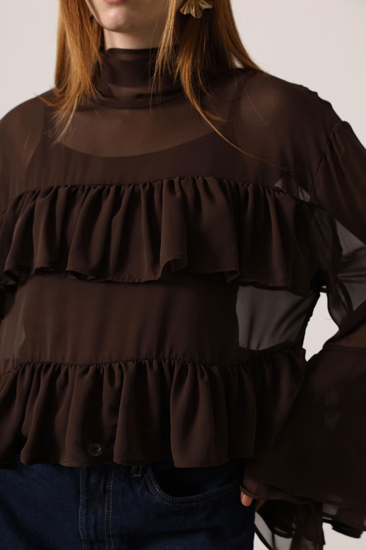 Wholesale Women's Brown Chiffon Draped Long-Sleeve Blouse 0061-31349