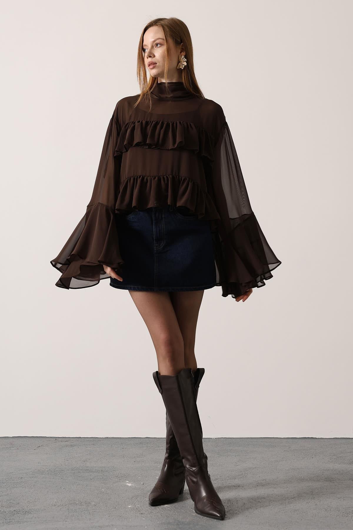 Wholesale Women's Brown Chiffon Draped Long-Sleeve Blouse 0061-31349