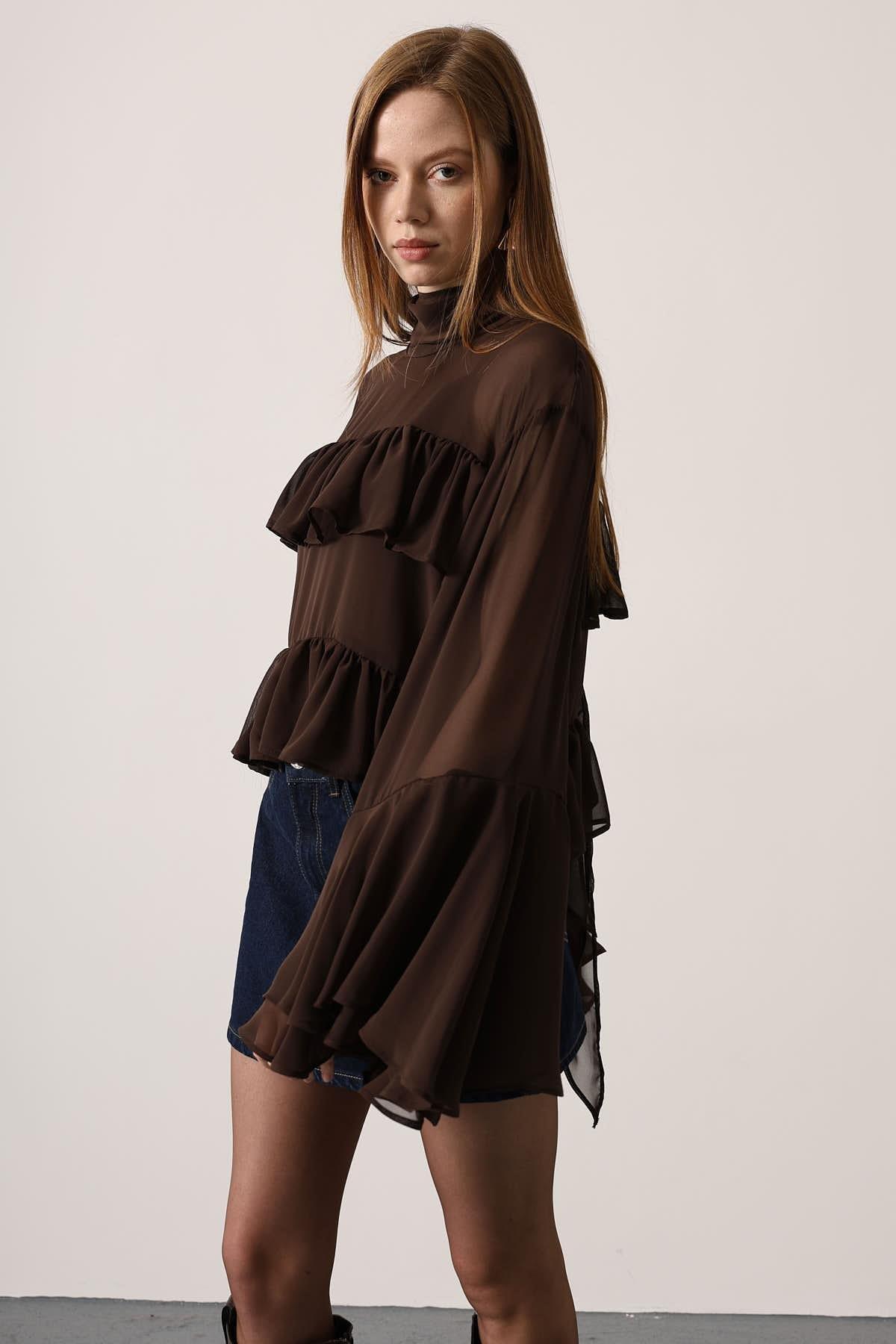 Wholesale Women's Brown Chiffon Draped Long-Sleeve Blouse 0061-31349