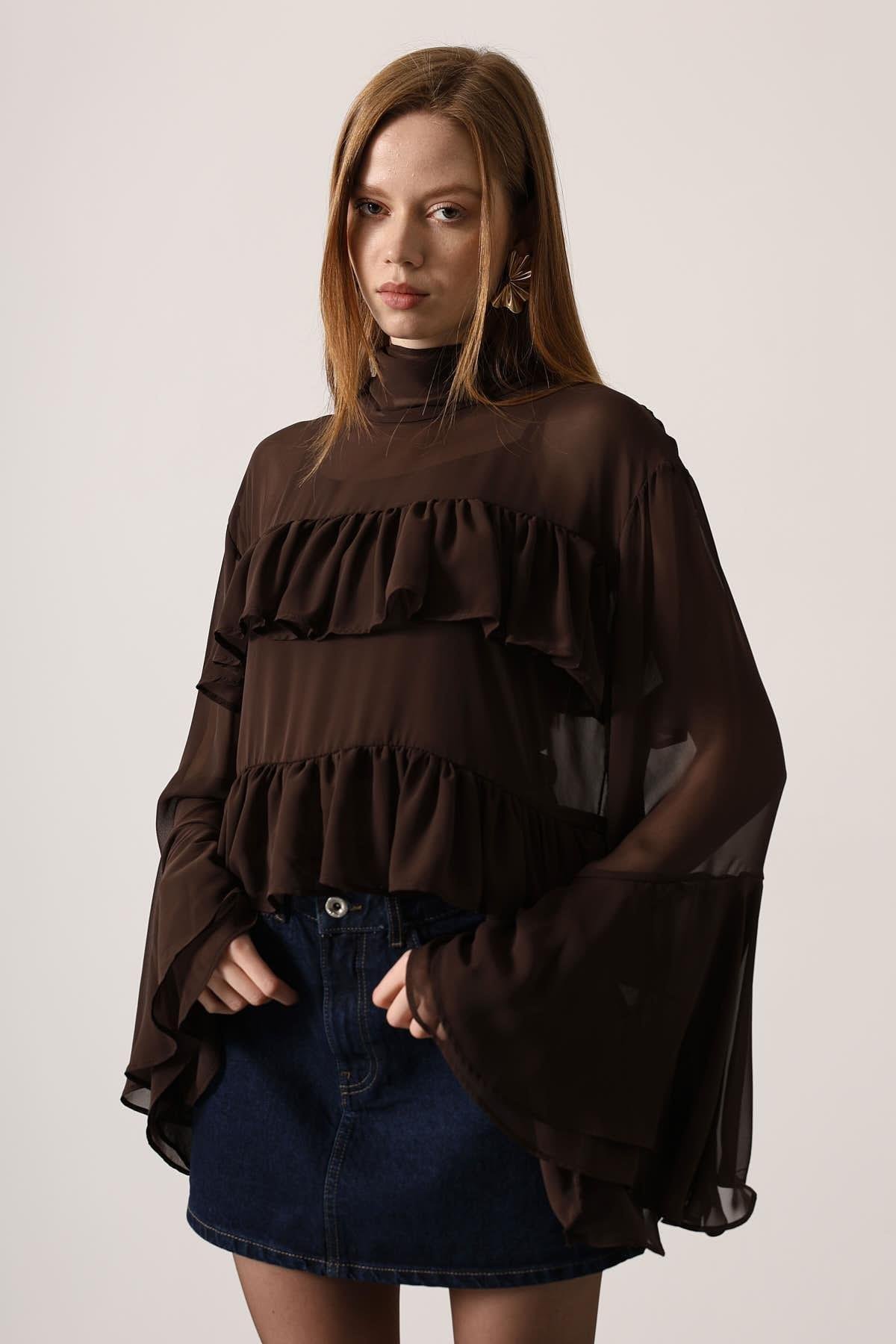 Wholesale Women's Brown Chiffon Draped Long-Sleeve Blouse 0061-31349